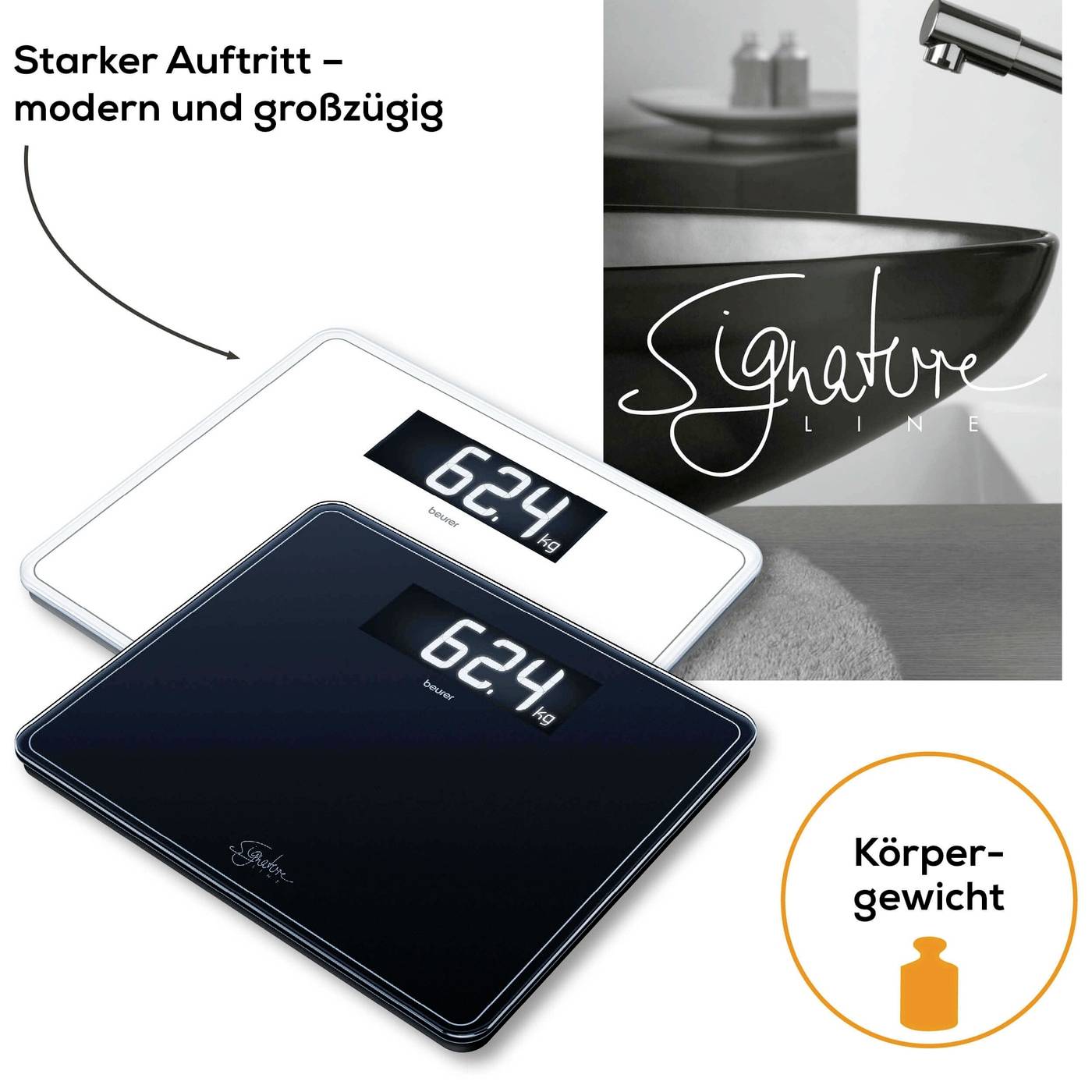 Zwei digitale Waagen mit der Aufschrift 'Signature Line' auf einem Tisch. Eine schwarze und eine weiße Waage, Gewichtsanzeige 62,4 kg.