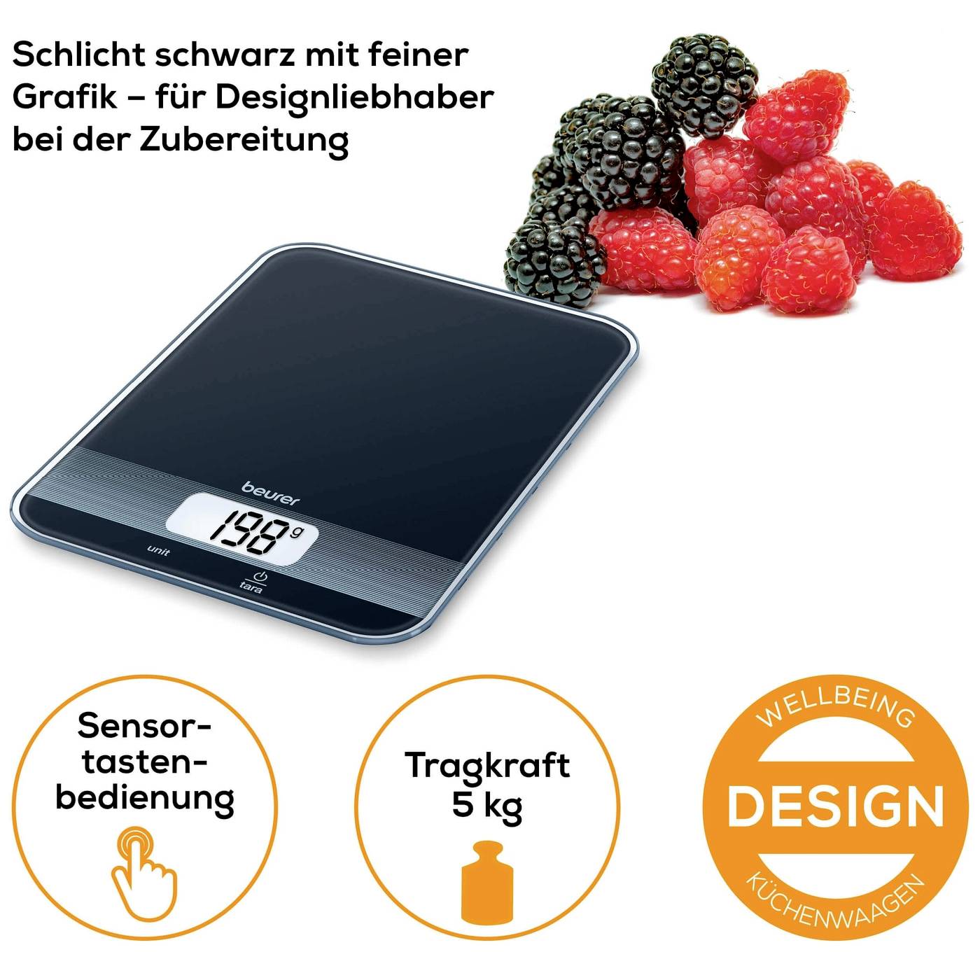 'Digitale Küchenwaage in Schwarz mit LED-Anzeige. Liegt Obst daneben. Text: 