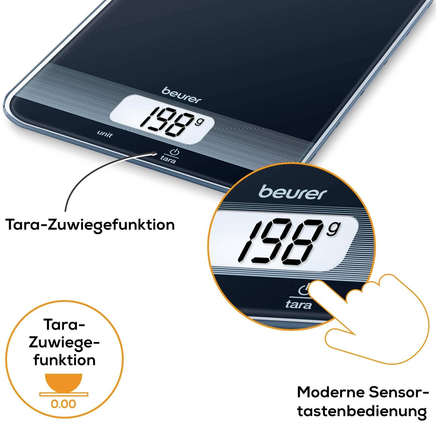 Digitale Küchenwaage zeigt '198 g' auf Display. Zeigt Tara-Zuwiegefunktion und moderne Sensortastenbedienung in Nahaufnahme.