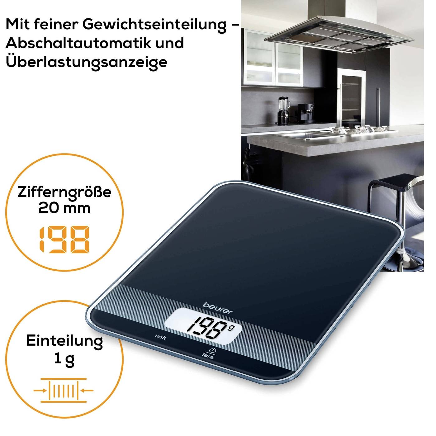 Elektronische Küchenwaage in modernem Design auf einer Küchenarbeitsplatte. Große LED-Anzeige, feine Gewichtseinteilung, 1g Schritte.