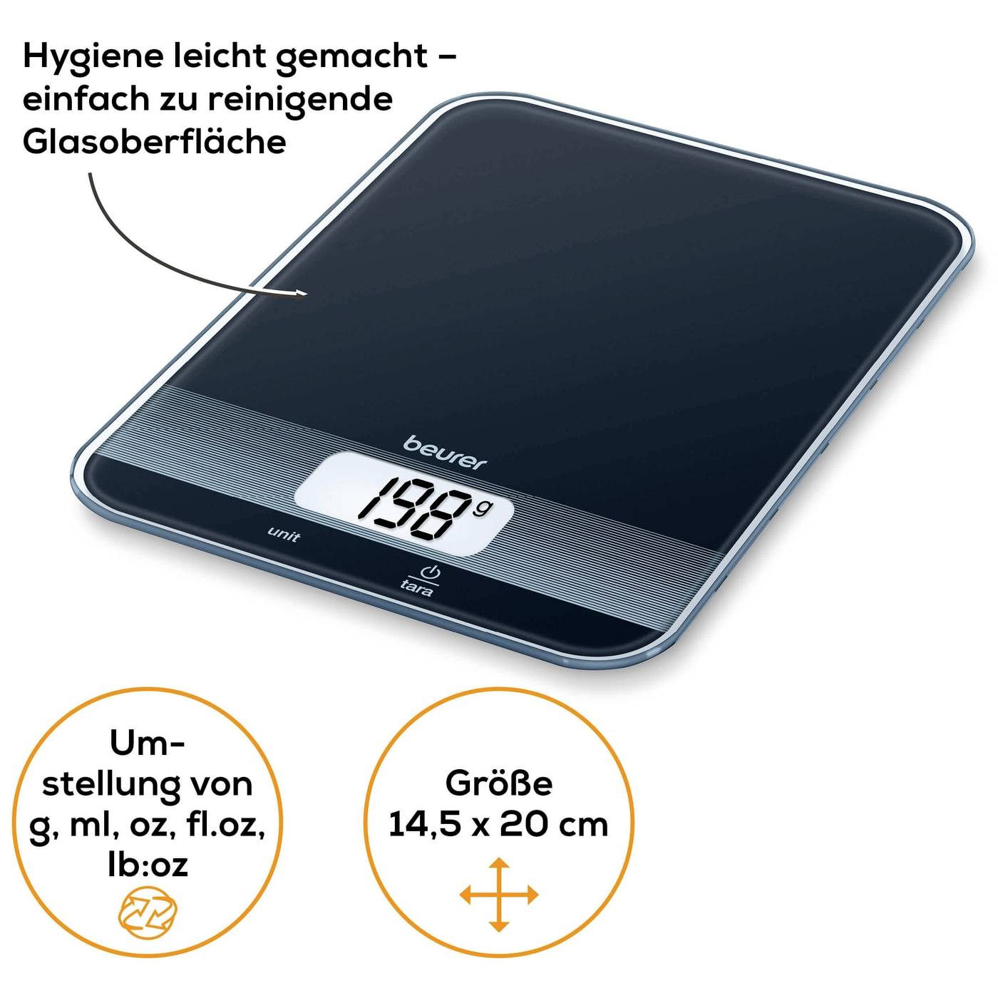 Digitale Küchenwaage mit Glaspanele, zeigt ein Gewicht von 189 g. Leicht zu reinigen, Maße 14,5 x 20 cm, umschaltbar zwischen g, ml, oz.