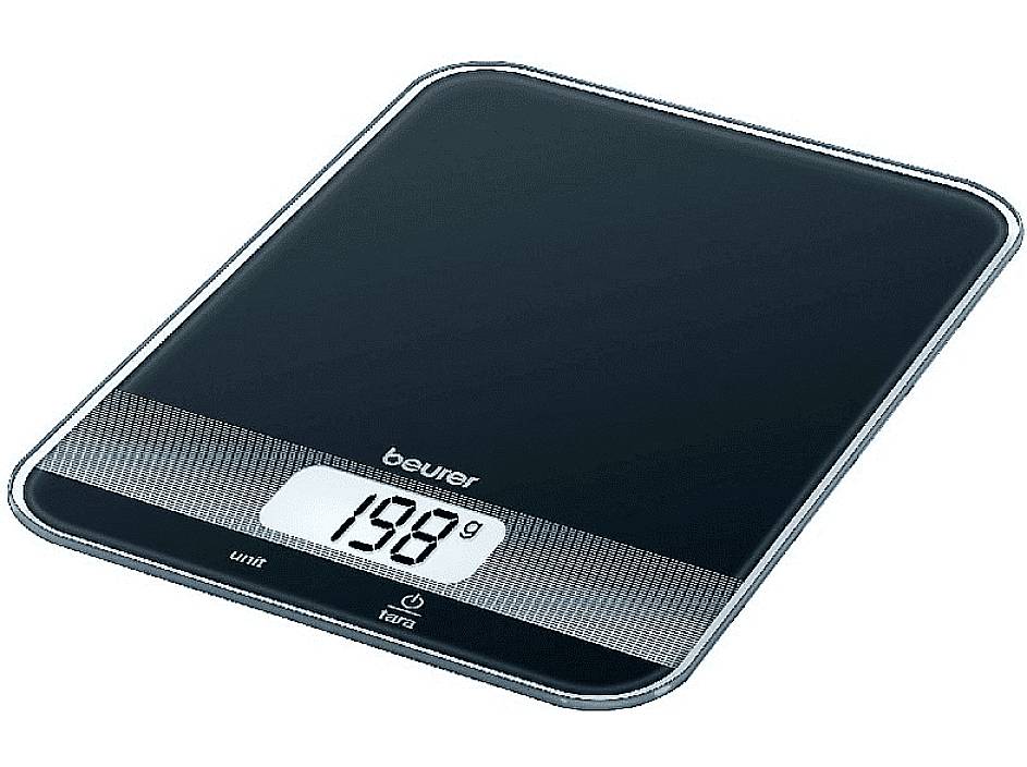 Digitale Küchenwaage mit Anzeige '198 g', schwarzes Design, Marke Beurer.