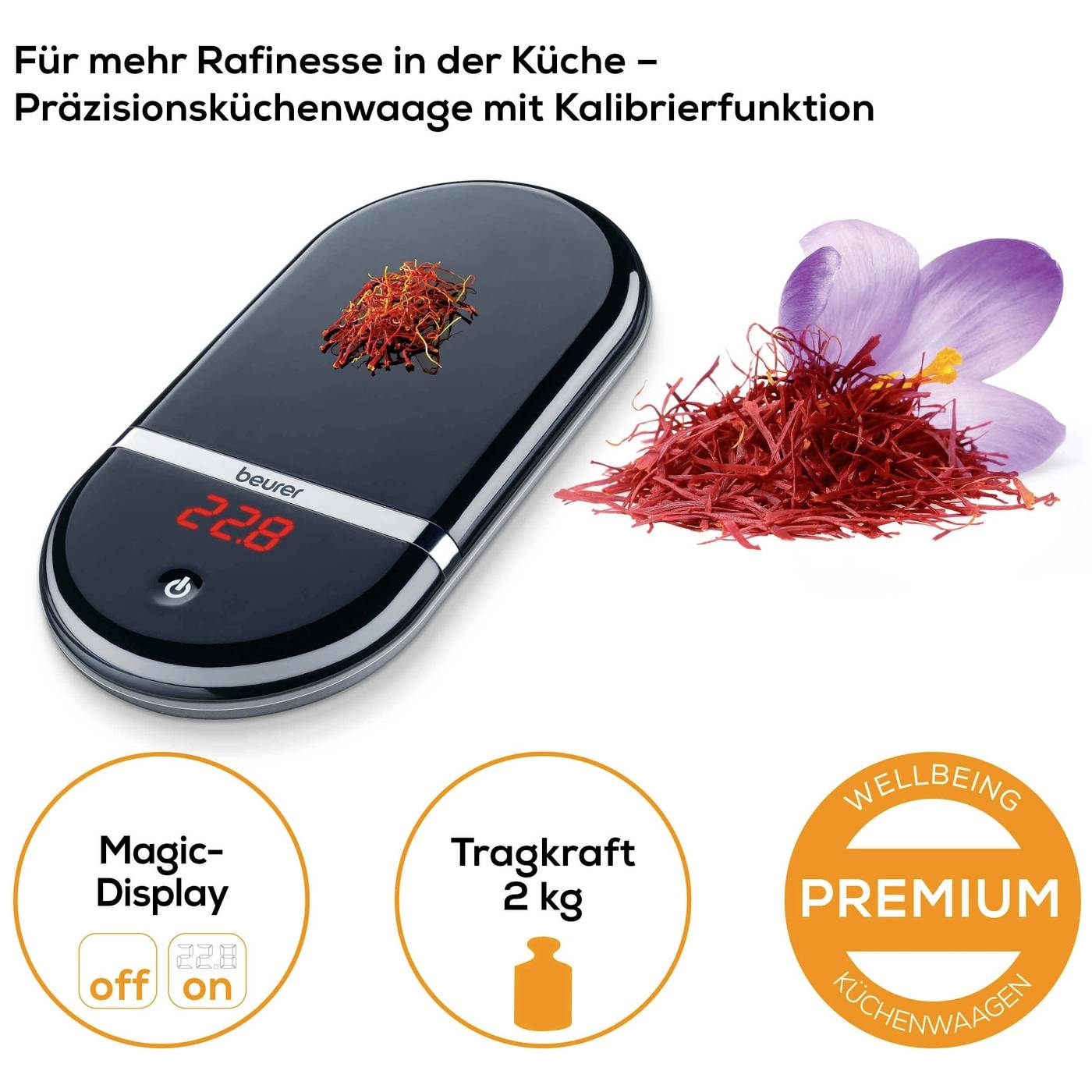 Digitale Küchenwaage mit Kalibrierfunktion, messbar bis 2 kg. Zeigt 22,8 g an. Inklusive Safran und violetter Blütenabbildung.