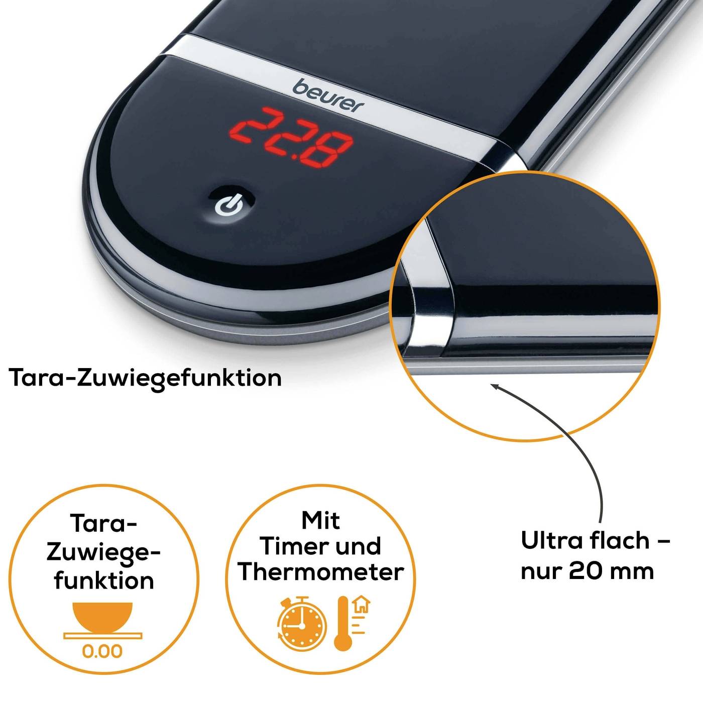 Digitale Küchenwaage von Beurer mit einer flachen Bauweise, Tara-Zuwiegefunktion, Timer und Thermometer. LED-Anzeige zeigt 2,8 an.