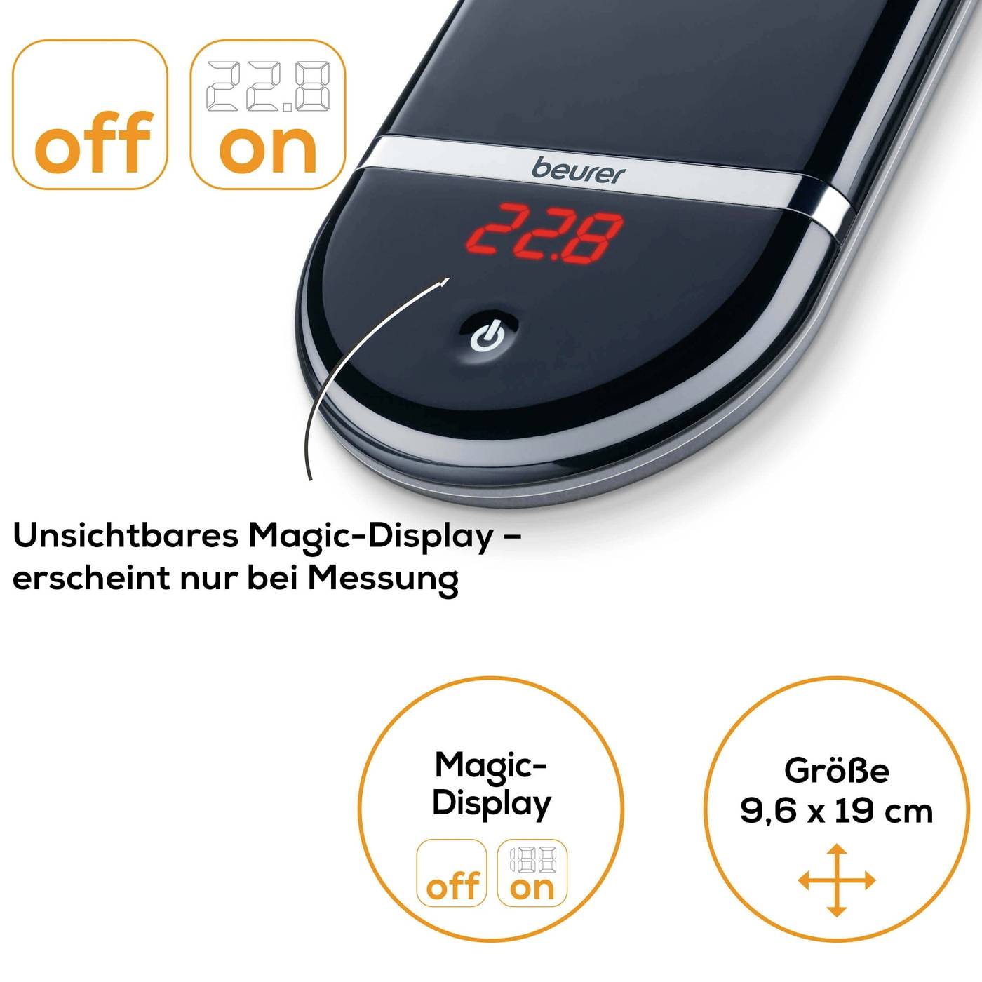 Elektronische Küchenwaage mit schwarzem 'Magic-Display', zeigt '22.8' an. Funktionen: ein/aus. Maße: 9,6 x 19 cm.