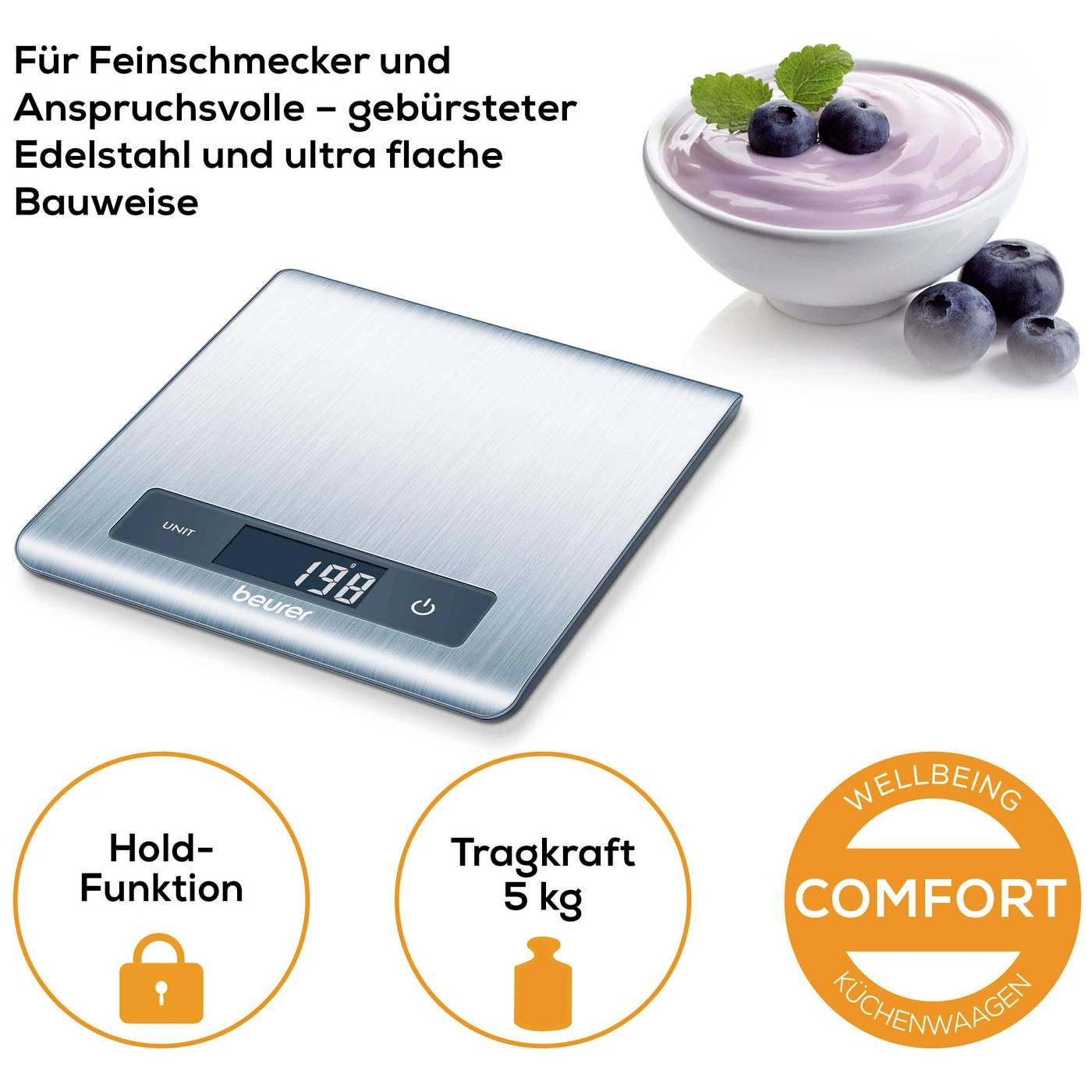 Edelstahl-Küchenwaage mit digitalem Display. Zeigt 198 g an. Daneben eine Schale mit Joghurt und Heidelbeeren.