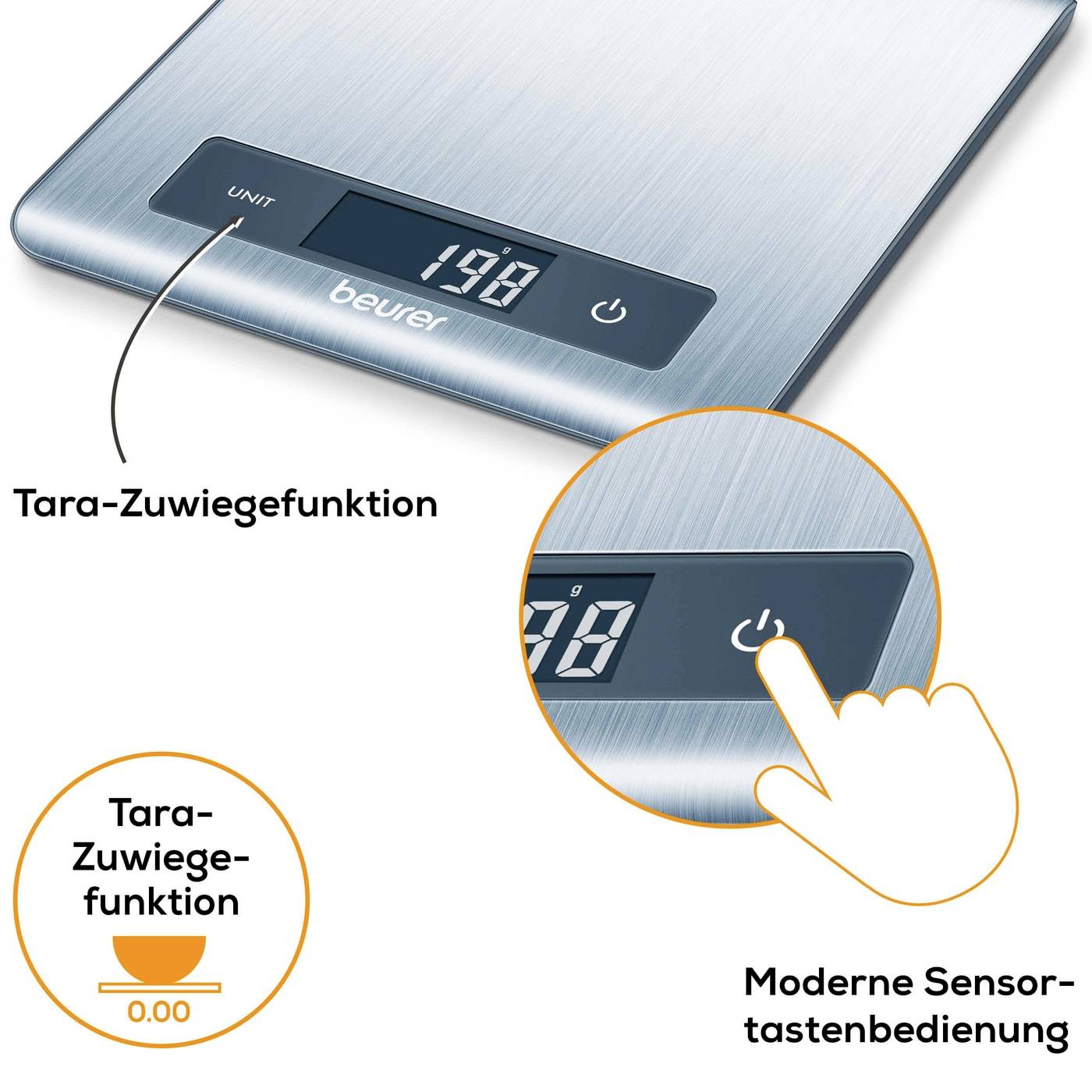 Digitale Küchenwaage mit Tara-Zuwiegefunktion und moderner Sensortastenbedienung. Anzeige zeigt '198' Gramm.