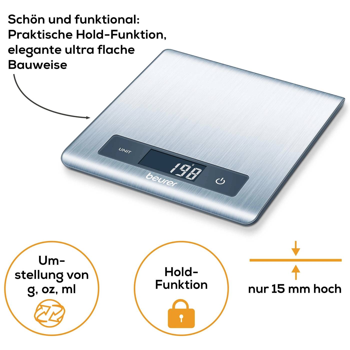 Digitale Küchenwaage von Beurer mit flachem Design; Funktionen: Hold, Einheitenumstellung (g, oz, ml); Höhe 15 mm.
