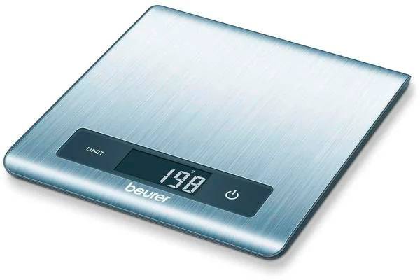 Digitale Küchenwaage in Silber mit LCD-Anzeige zeigt '198' Gramm.
