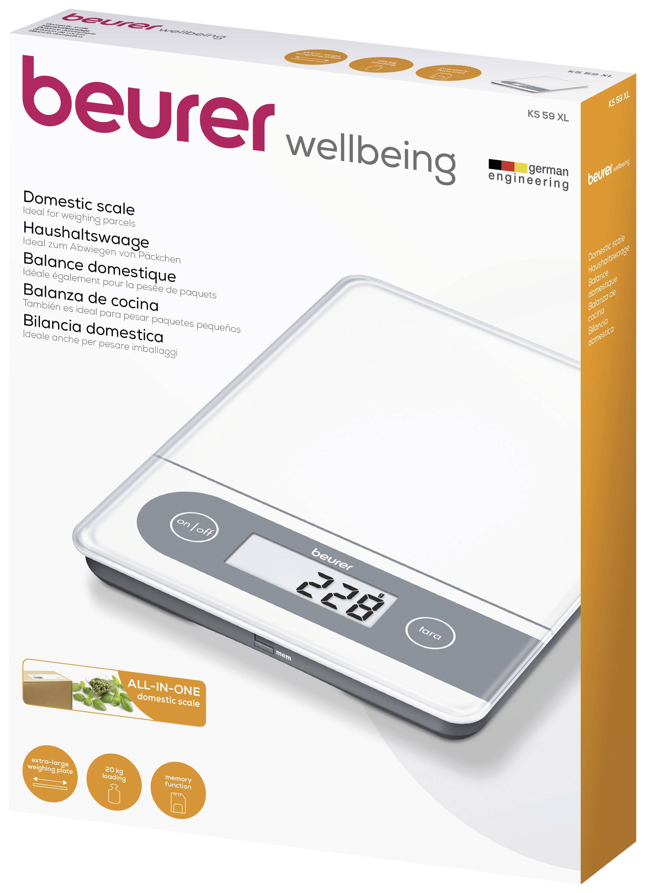 Verpackung einer digitalen Haushaltswaage mit LCD-Anzeige. Zeigt '229'. Marke: Beurer. Enthält Symbole für Zutatenmessung.