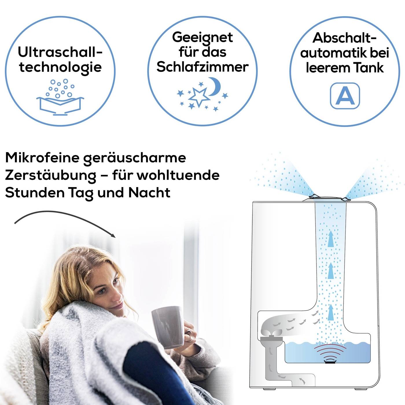Luftbefeuchter mit Ultraschalltechnologie und Abschaltautomatik. Ideal für Schlafzimmer. Frau entspannt mit Getränk daneben.