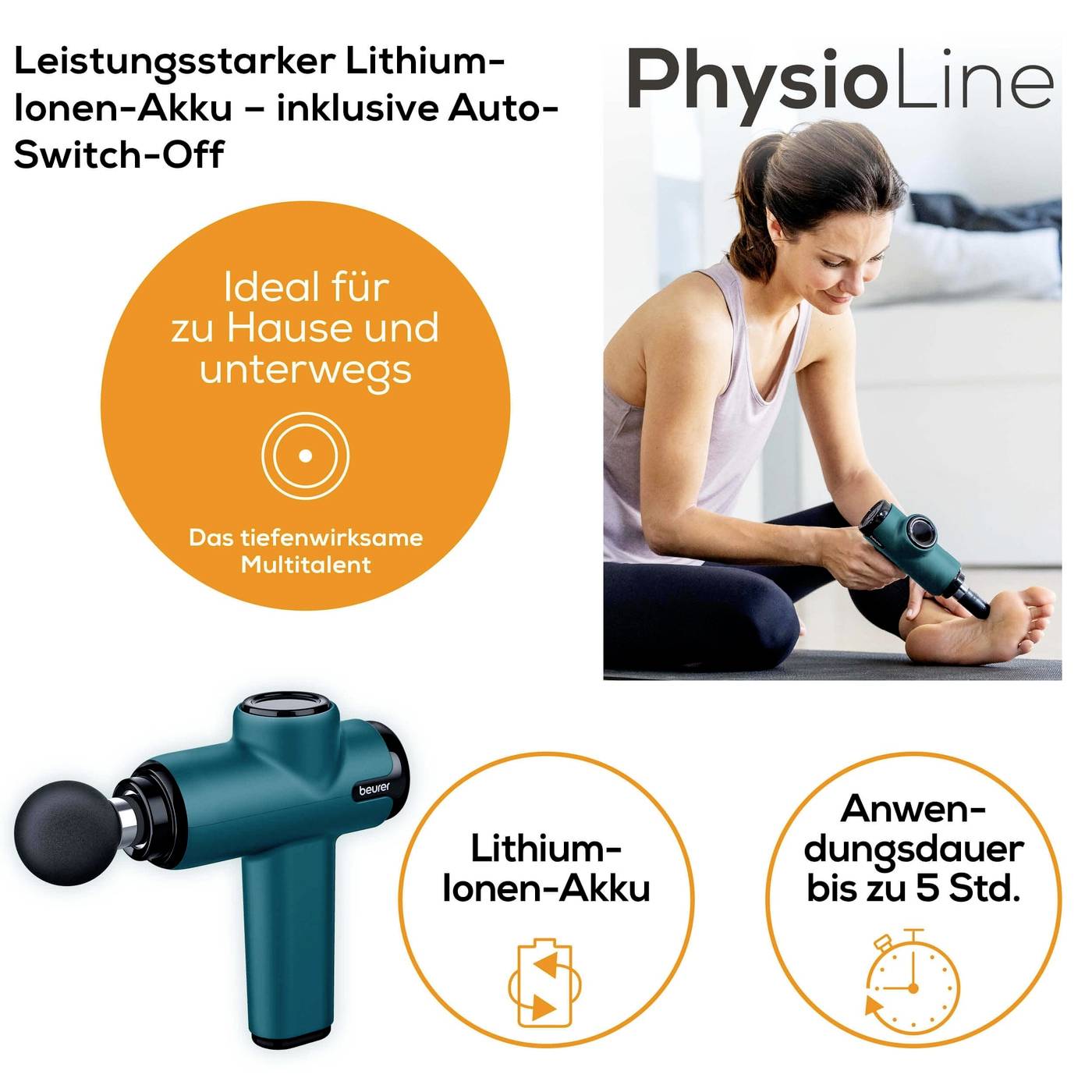 Physiotherapiegerät in der Anwendung an einem Fuß. Text: 'Leistungsstarker Lithium-Ionen-Akku, inklusive Auto-Switch-Off. Ideal für zu Hause und unterwegs. Anwendungsdauer bis zu 5 Std.'