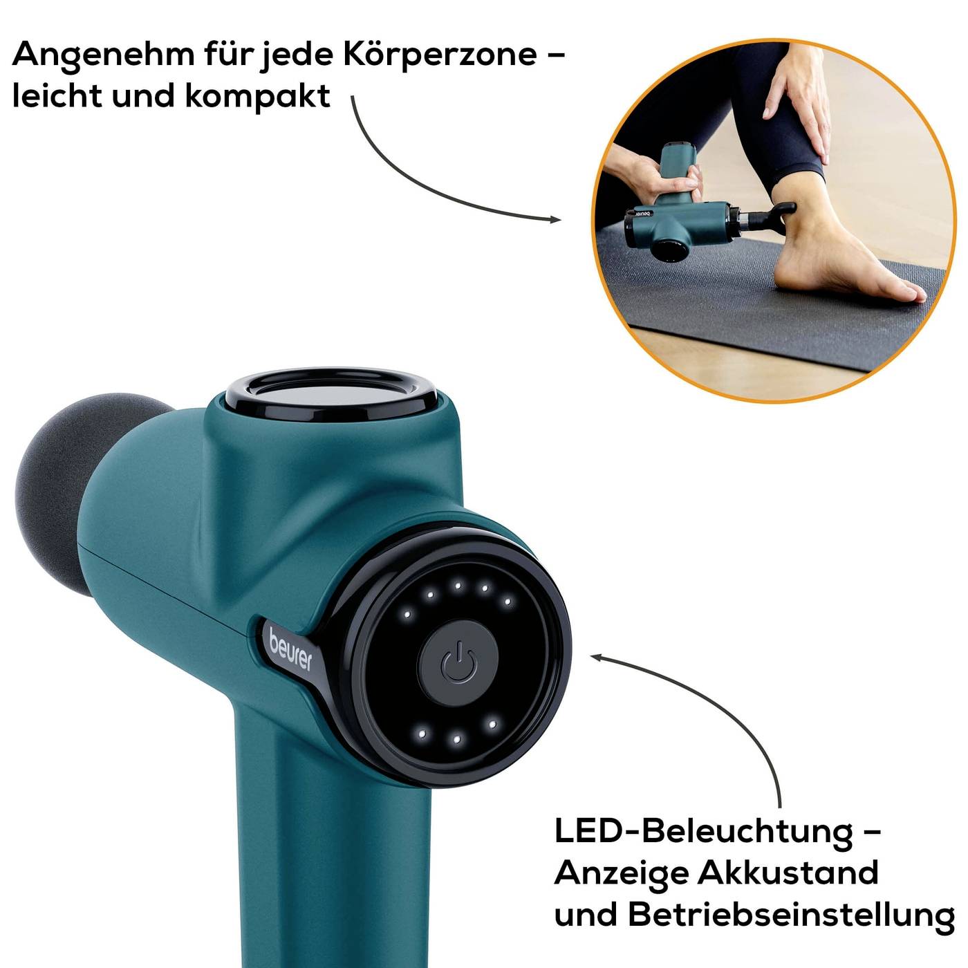Massagerät mit LED-Anzeige liegt leicht in der Hand. Geeignet für verschiedene Körperzonen. Text 'Angenehm für jede Körperzone - leicht und kompakt'.