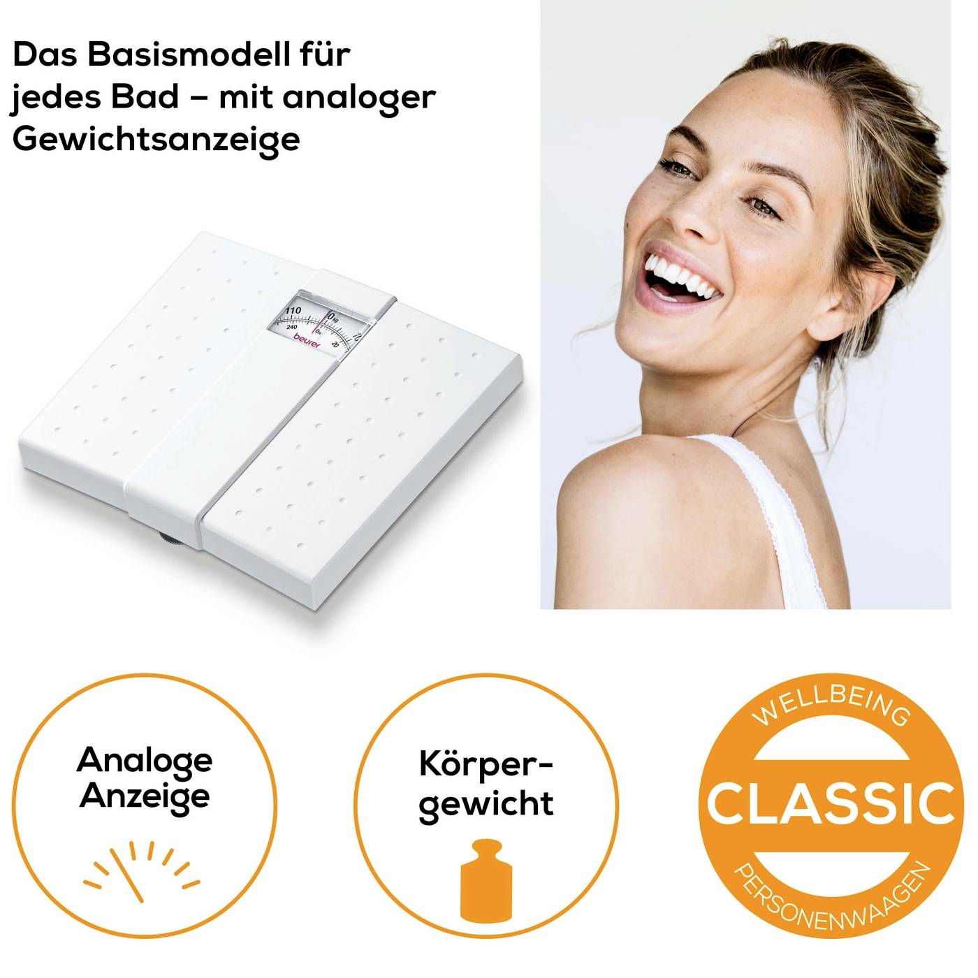Eine mechanische Personenwaage mit analoger Anzeige. Daneben eine lächelnde Frau und Symbole für analoge Anzeige und Körpergewicht.