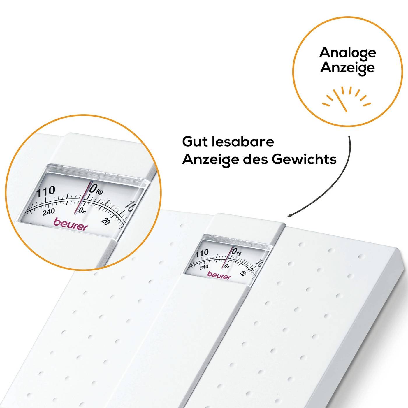 Analoge Personenwaage mit gut lesbarer Skala zeigt das Gewicht in Kilogramm an. Fokus auf die Anzeige für genaue Messung.