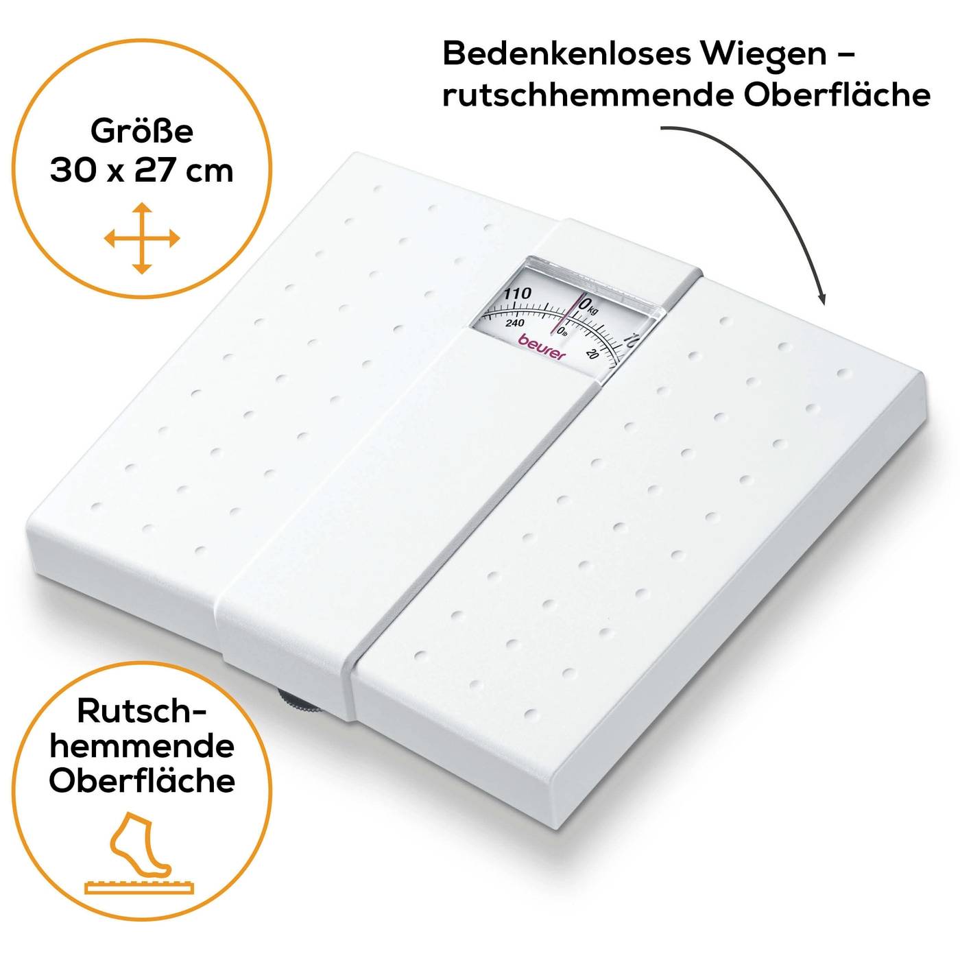 Weiße Personenwaage mit rutschhemmender Oberfläche und Analoganzeige. Größe 30 x 27 cm. Perfekt für sicheres Wiegen.