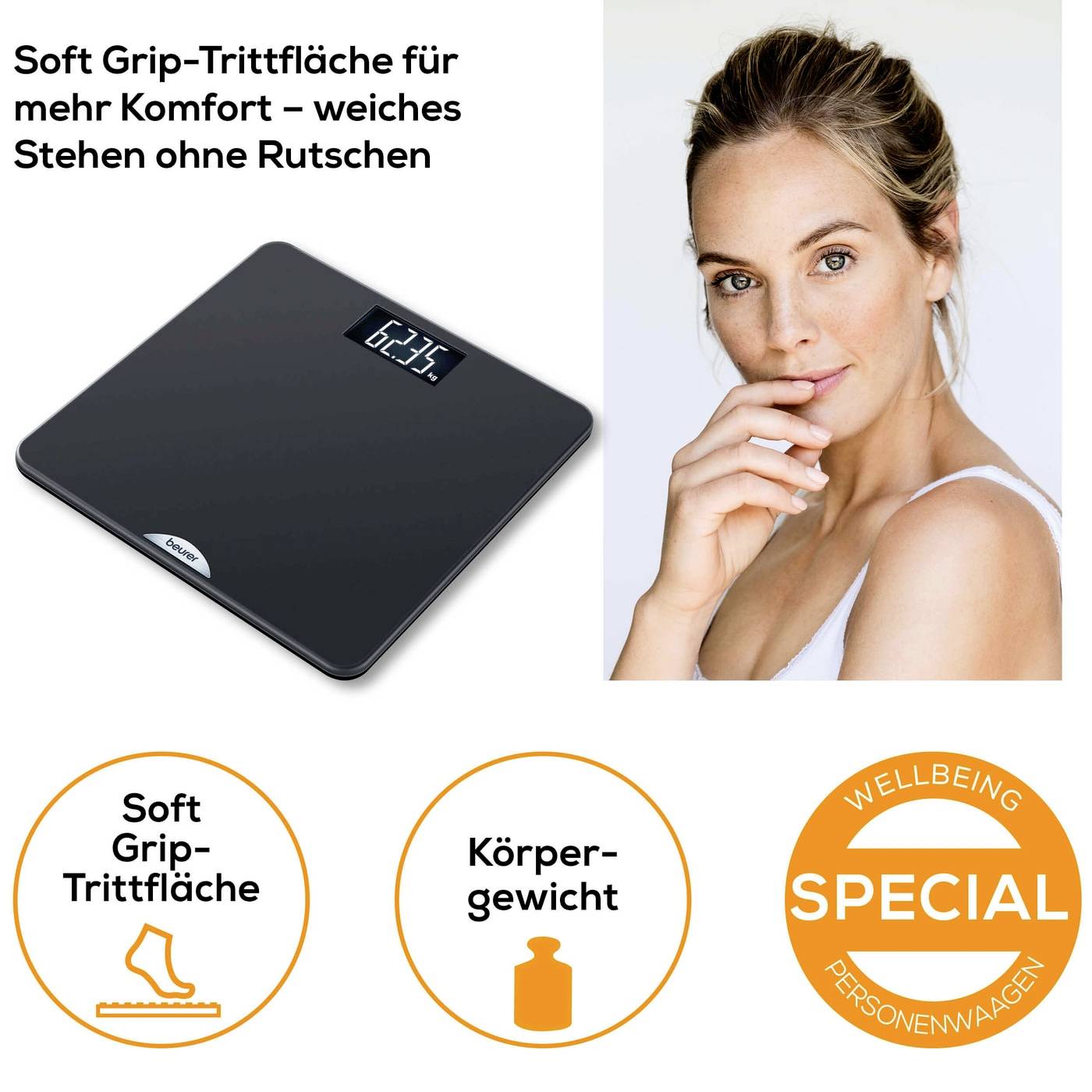 Digitale Personenwaage mit Soft Grip-Trittfläche für mehr Komfort. Anzeige: 62,3 kg. Frau lächelt neben der Waage.