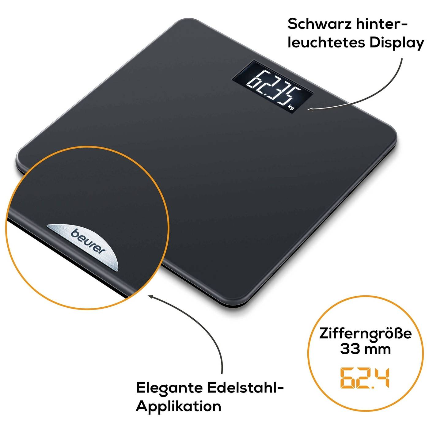 Digitale Personenwaage in Schwarz mit hinterleuchtetem Display. Zeigt Gewicht von 62,4 kg an. Edelstahl-Applikation am Rand.