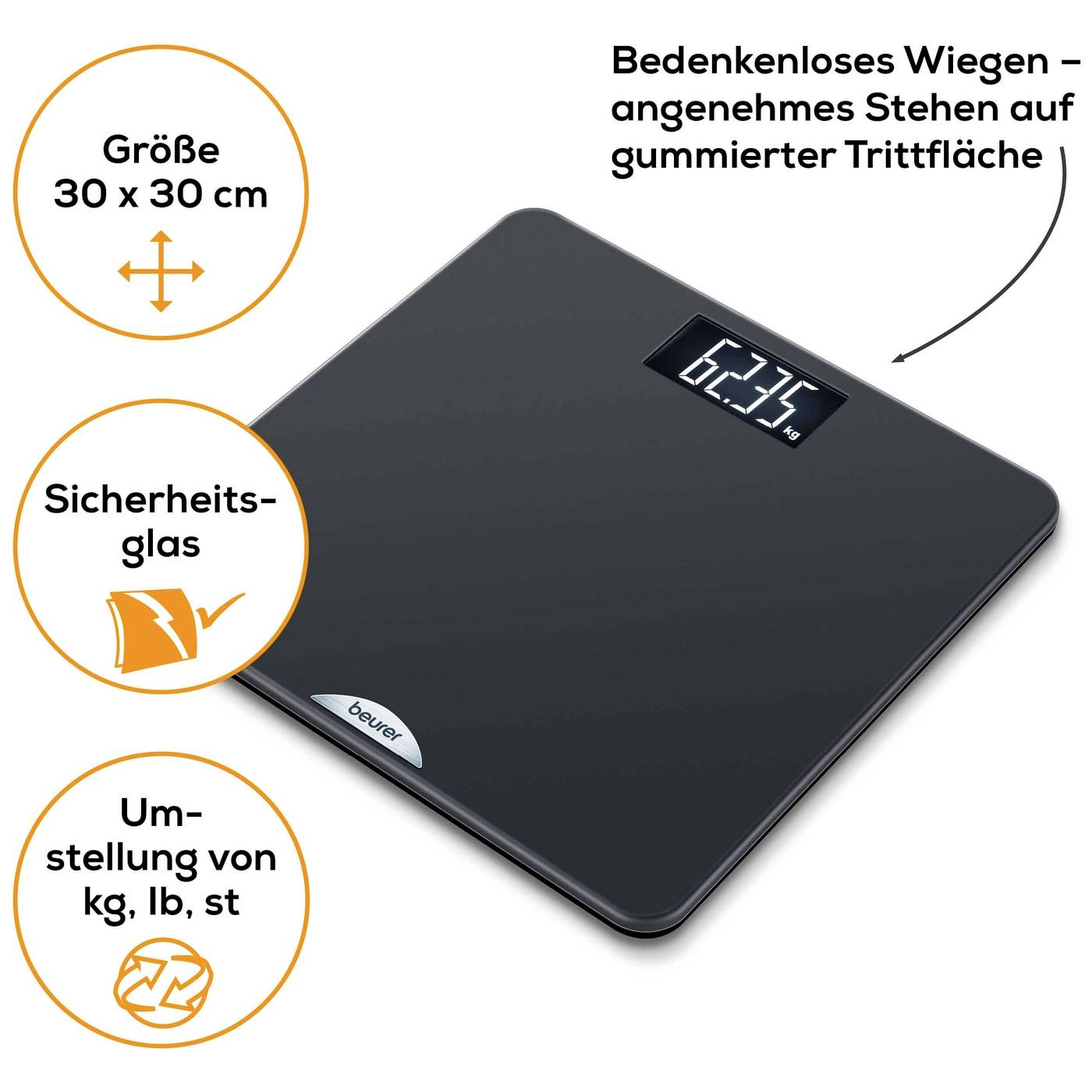 Digitale Waage mit rutschfester Trittfläche und Sicherheitsglas, Anzeige 63,3 kg. Größe 30x30 cm, umstellbar auf kg, lb, st.