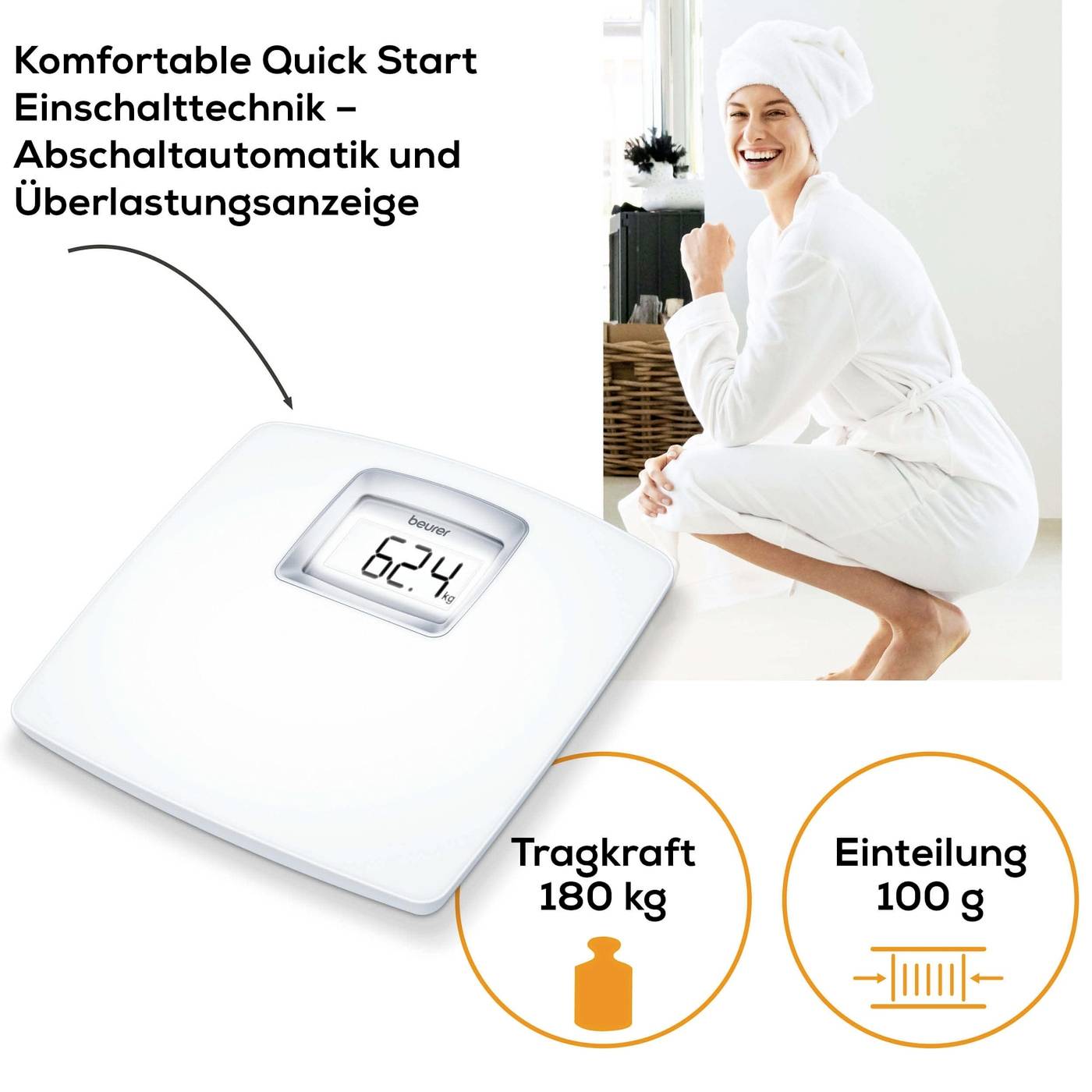 Frau im Bademantel kniet neben digitaler Waage mit Anzeige '62,4 kg'. Text: 'Komfortable Quick Start Einschalttechnik – Abschaltautomatik und Überlastungsanzeige'. Tragkraft: 180 kg, Einteilung: 100 g.