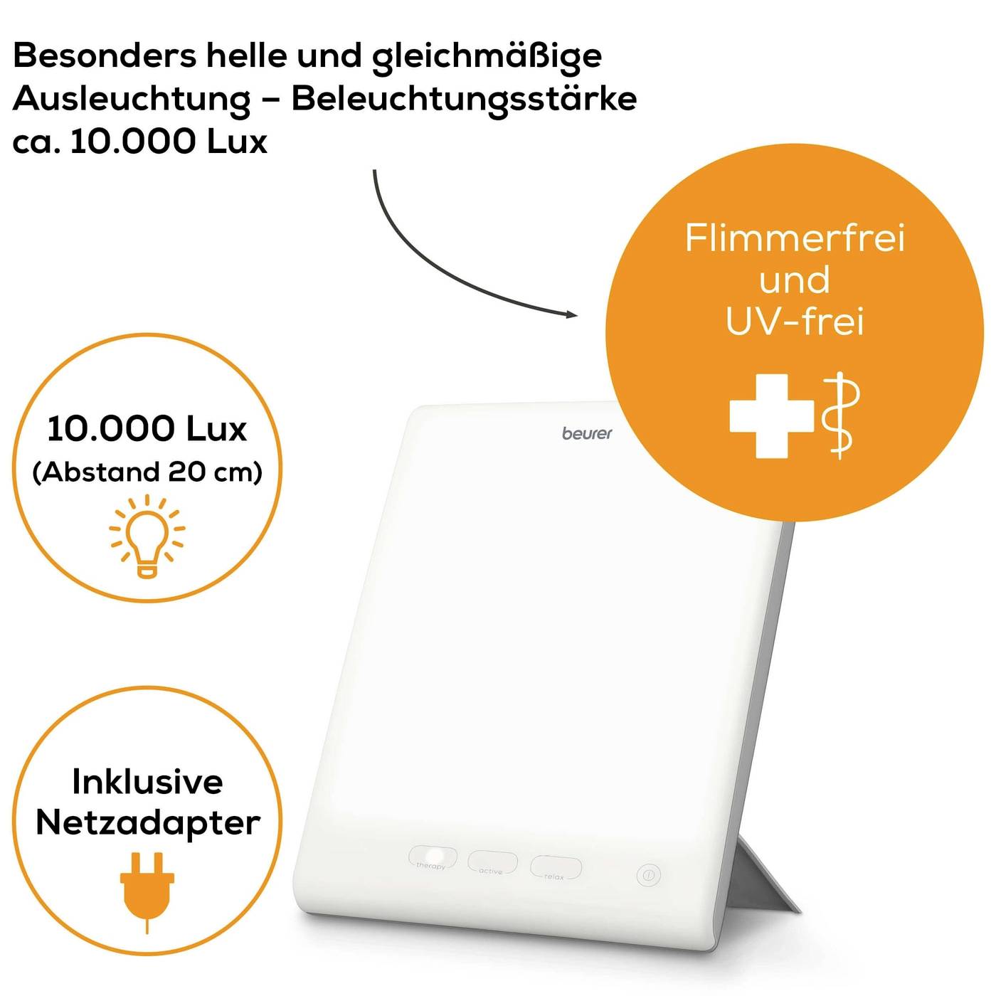 Lichttherapielampe von Beurer, 10.000 Lux bei 20 cm, flimmerfrei und UV-frei, inklusive Netzadapter.
