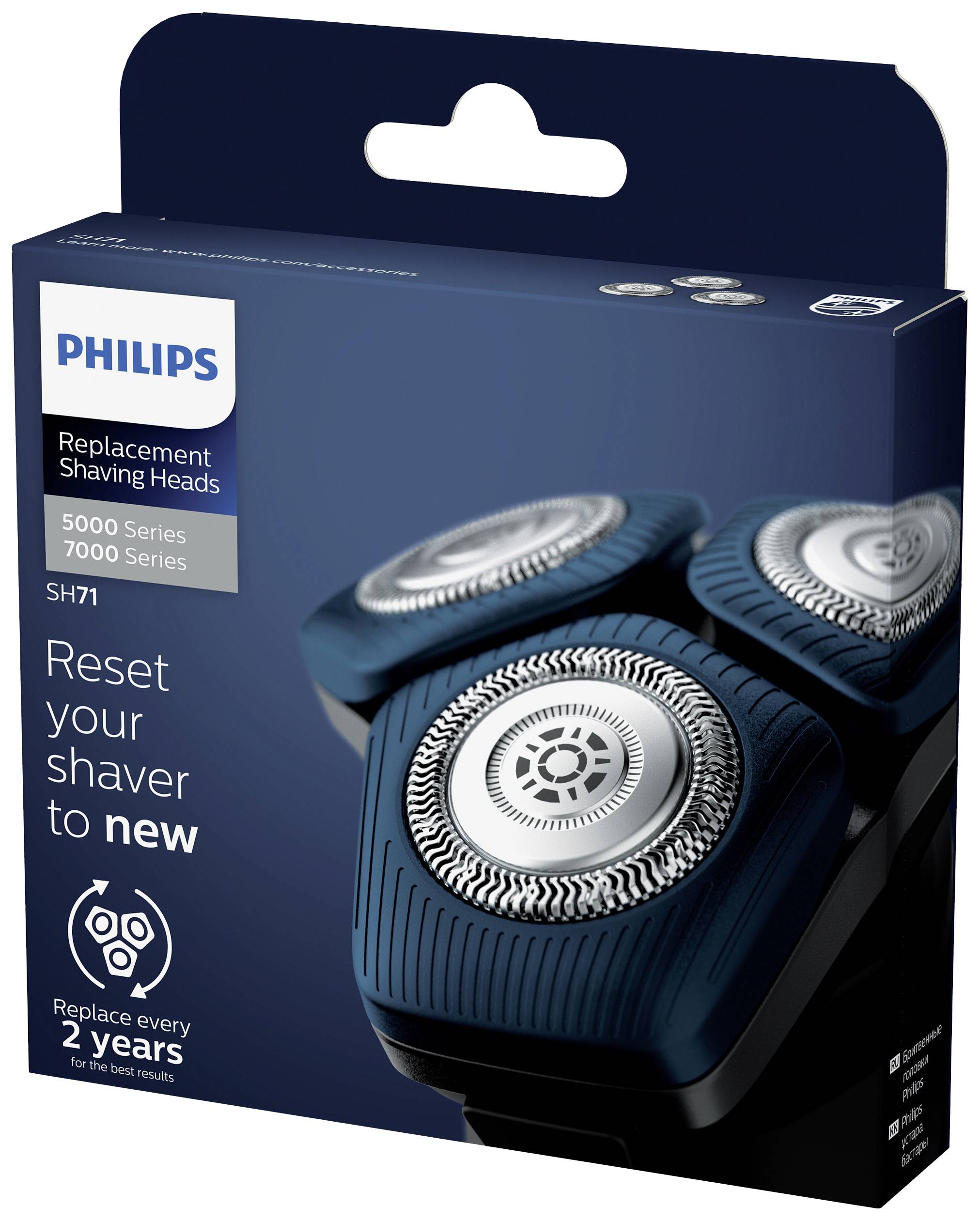 Verpackung von Philips Ersatzrasierköpfen für die Serien 5000 und 7000, Modell SH71. Aufschrift: 'Reset your shaver to new'.