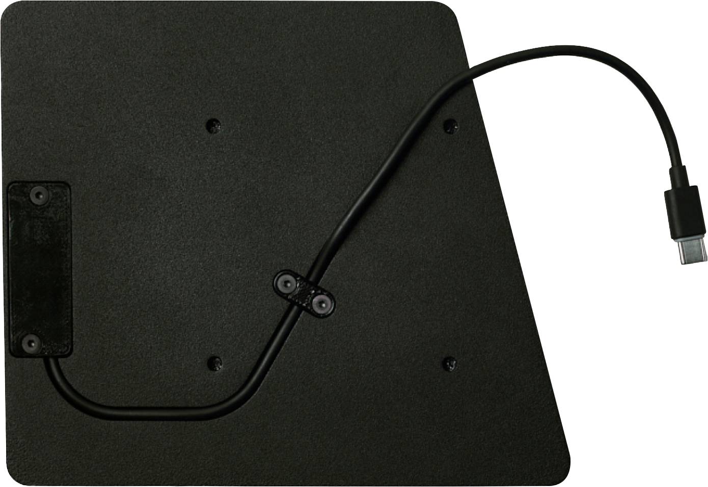 Ein schwarzes, rechteckiges Gerät mit einem befestigten Kabel, das in eine USB-C-Verbindung mündet.