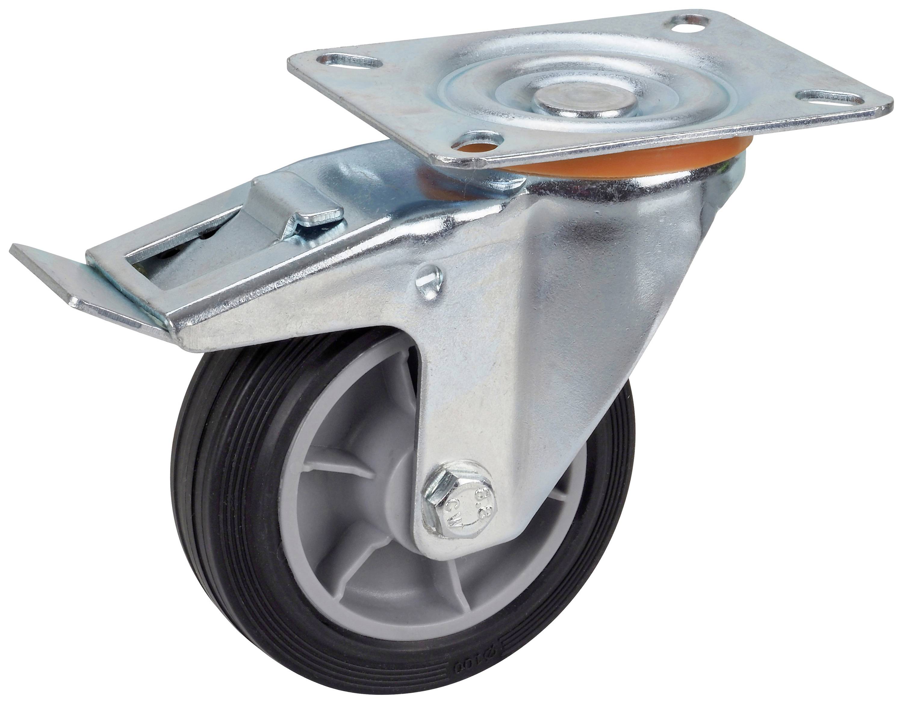 Ein einzelnes Schwenk-Rad aus Metall mit schwarzem Gummireifen und Halterung, verwendet für bewegliche Möbel oder Geräte.