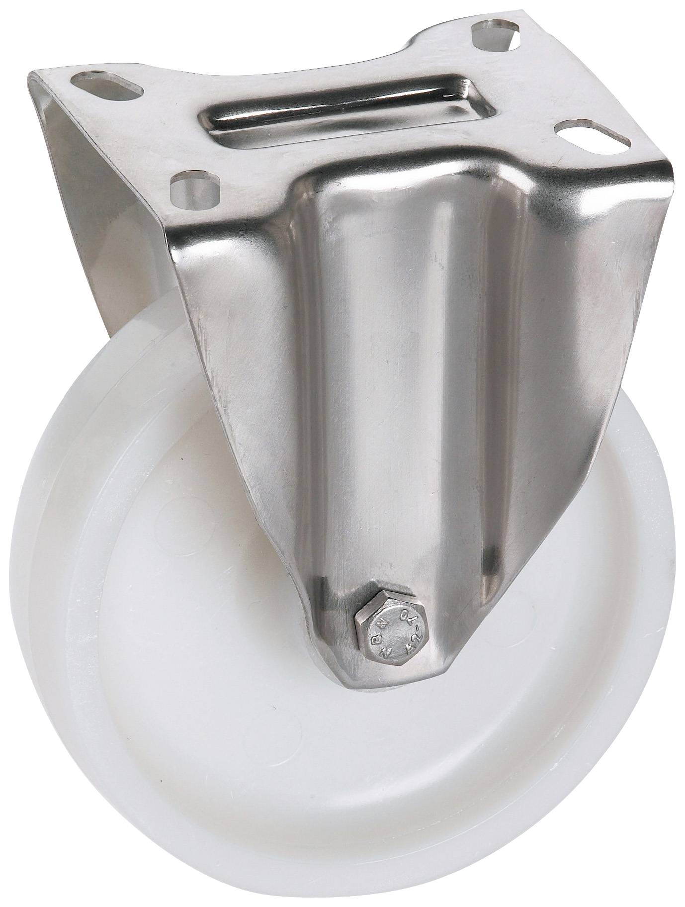 Ein weißes Rad mit einem Metallgehäuse, das üblicherweise für Möbel oder Geräte als Laufrolle verwendet wird.