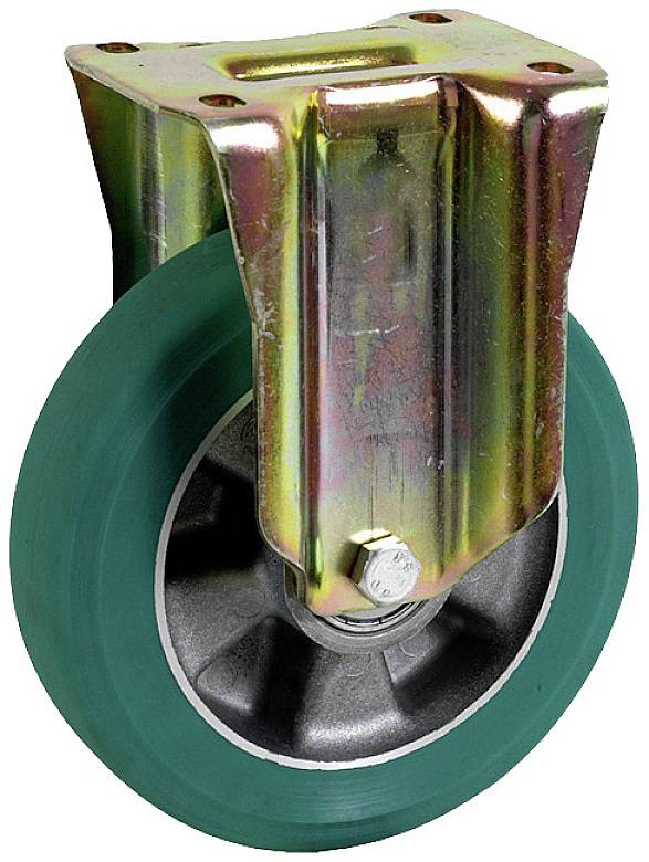 Industrielle Lenkrolle mit grünem Gummirad und metallener Halterung, geeignet für schwere Lasten in Lager- oder Werkstattumgebung.