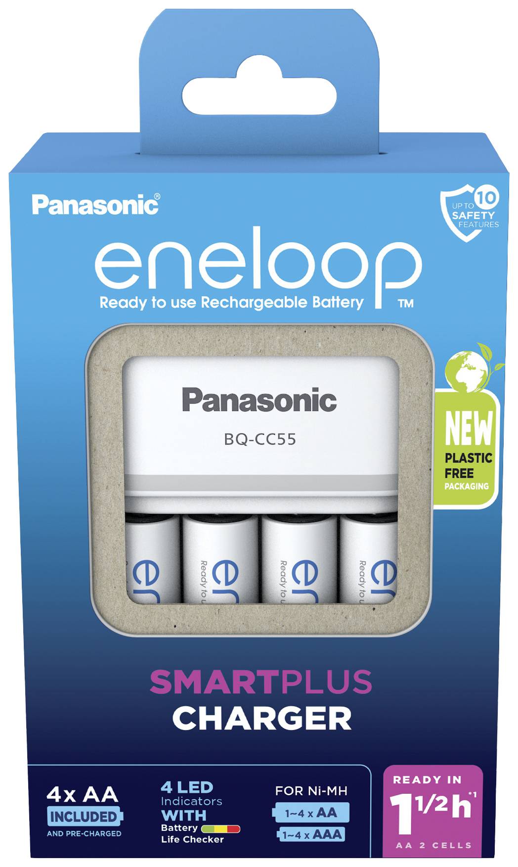 Panasonic eneloop 'SmartPlus Charger' Verpackung mit vier wiederaufladbaren AA-Batterien, grünem Hinweis 'NEU plastikfreie Verpackung'.