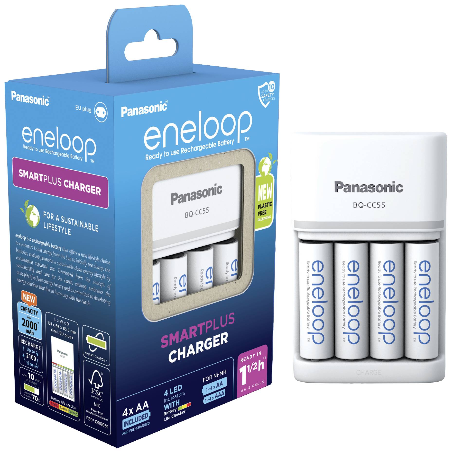 Verpackung eines Panasonic 'eneloop' Ladegeräts mit vier AA-Batterien. Text auf der Packung betont Nachhaltigkeit und lange Lebensdauer.