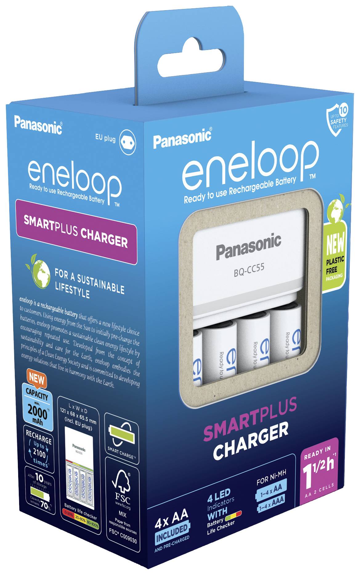 'Panasonic Eneloop SMARTPLUS Charger' Verpackung mit 4 AA-Batterien, wiederaufladbar, Ladezeit 1-2 Stunden, nachhaltiges Design.