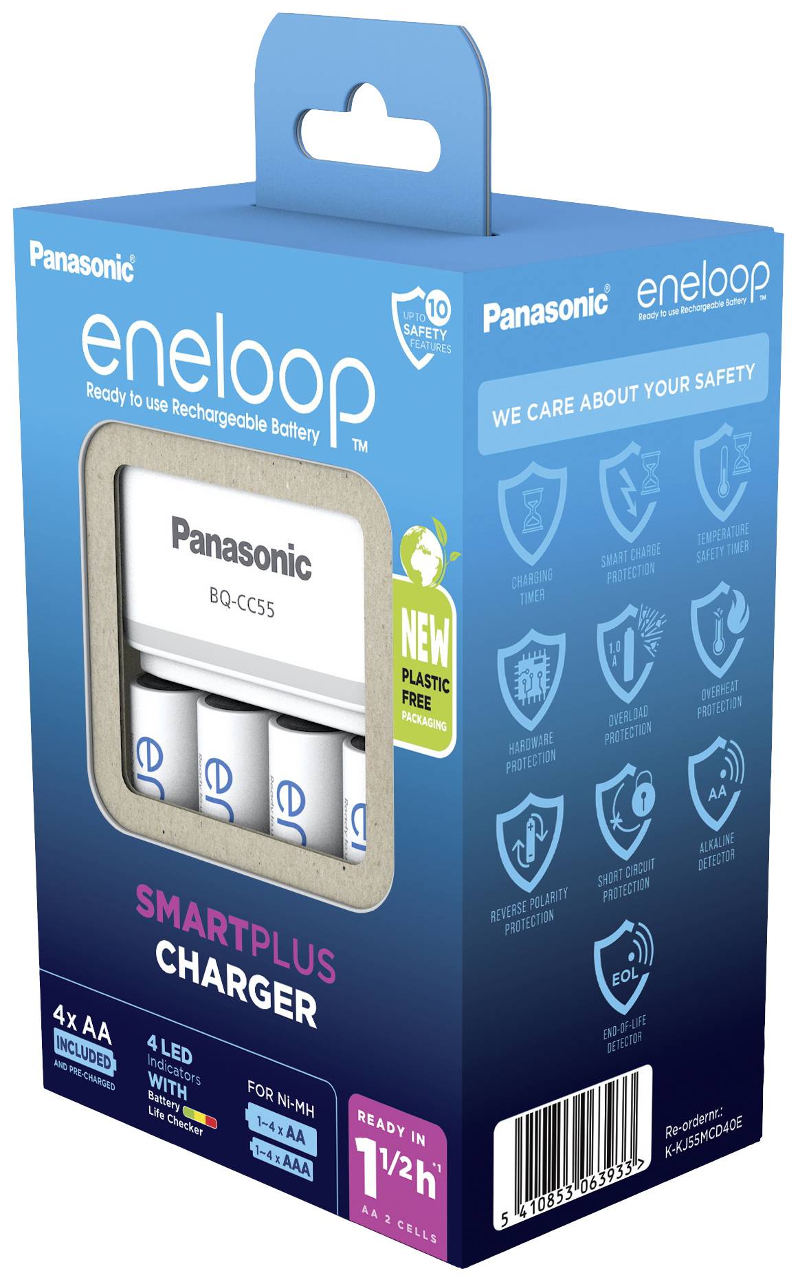 'Panasonic eneloop Smartplus Charger' in blauer Verpackung mit 4 AA-Batterien, 10 Sicherheitsfunktionen. Bereit in 1,5 Stunden.