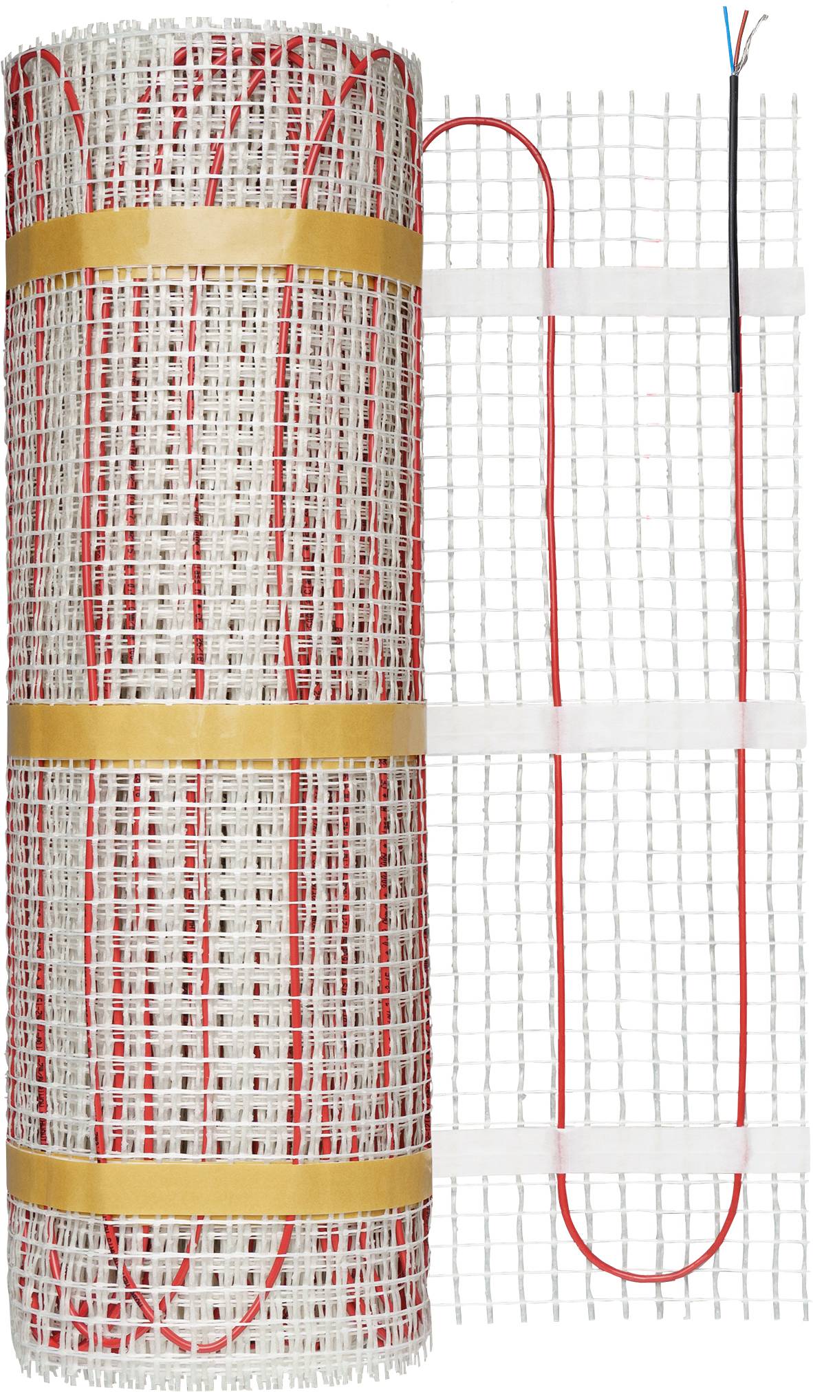 Eine aufgerollte elektrische Heizmatte mit rotem Heizkabel, auf weißem Netzgewebe montiert, bereit zur Installation auf dem Boden.