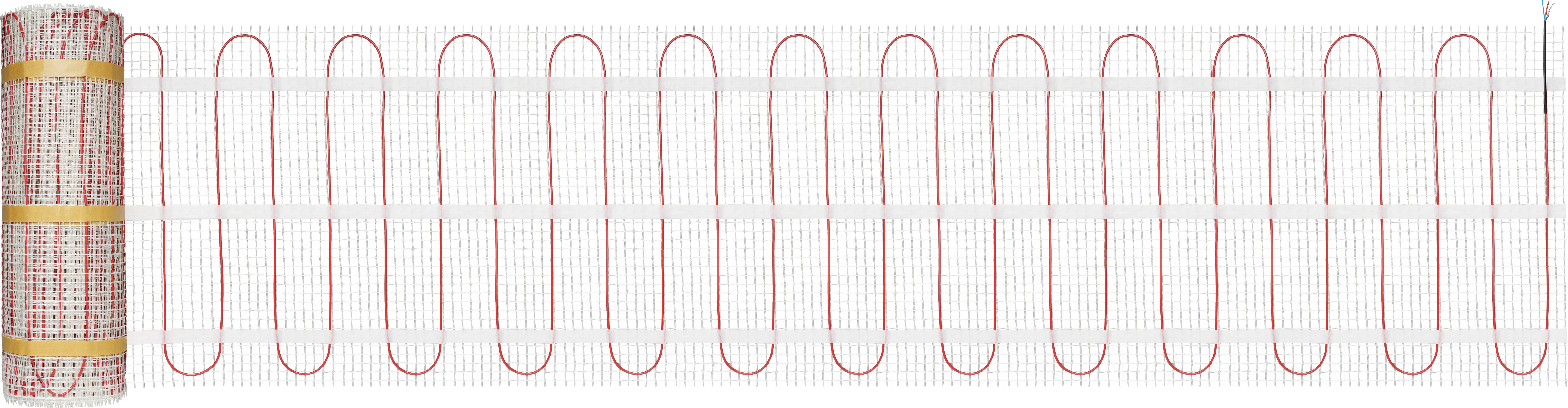 Elektrische Fußbodenheizmatte mit roten Heizdrähten in Schlingenform auf einem weißen Gittergewebe. Links aufgerollt, rechts ausgebreitet.
