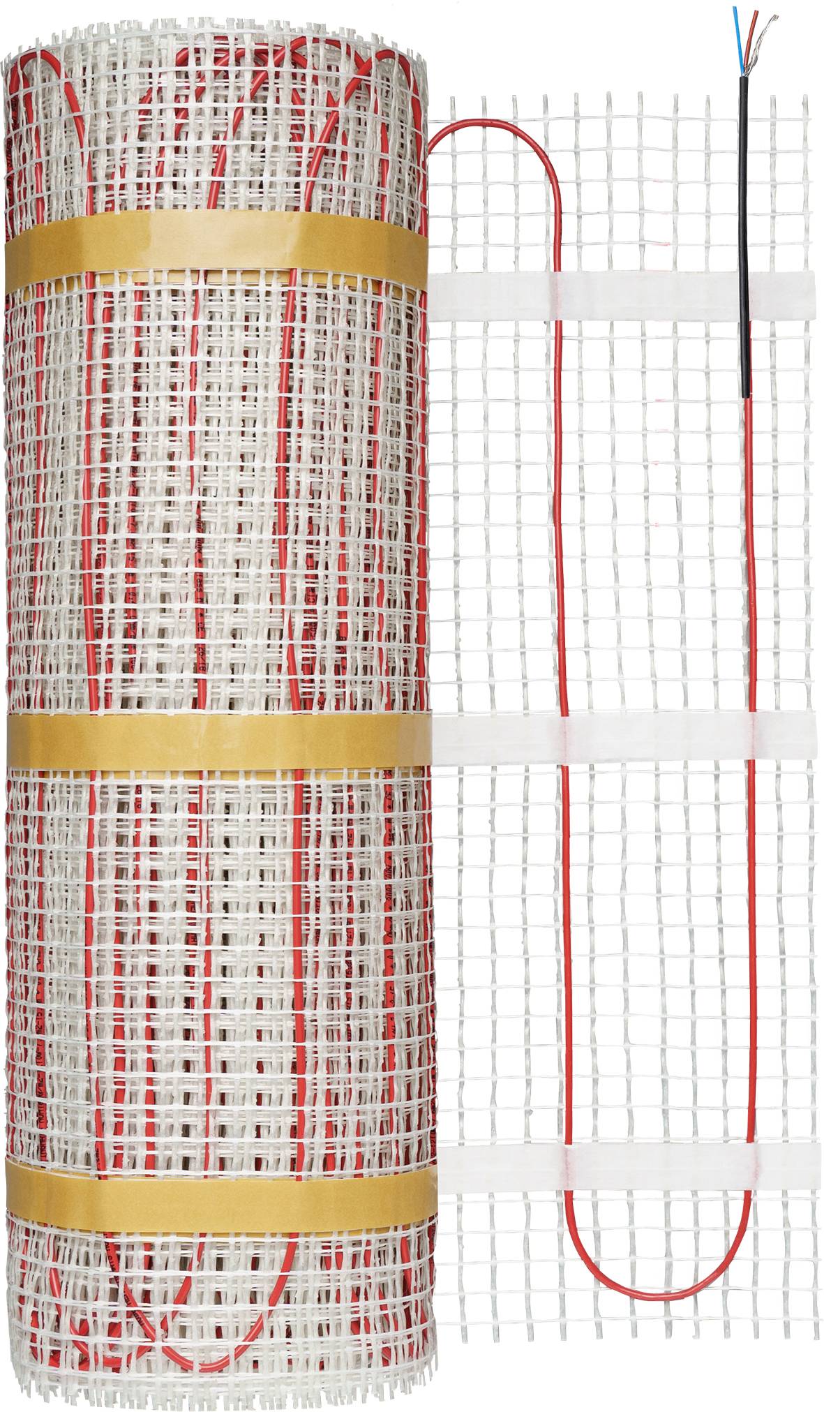 Eine aufgerollte Bodenheizmatte mit roten Heizdrähten und weißem Gewebe, geeignet für die Installation unter Bodenbelägen.