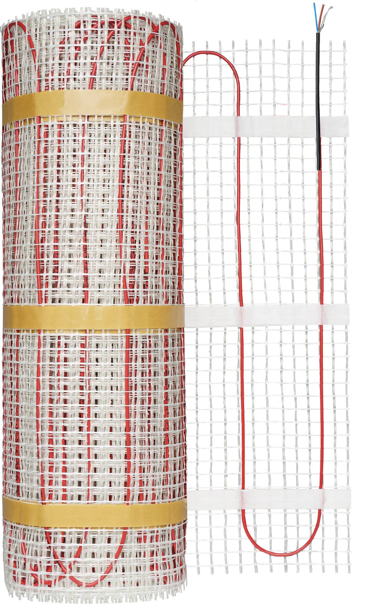 Rollset Heizmatte mit Netz und roten Heizkabeln; Anschlusskabel sichtbar. Geeignet für Fußbodenheizung.