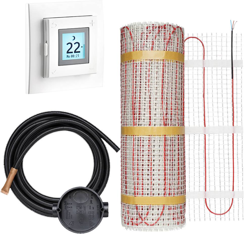 Thermostat an der Wand zeigt '22°C'. Neben dem Thermostat sind Heizkabel, ein Heizmattenrollo und ein schwarzes Kabel abgebildet.