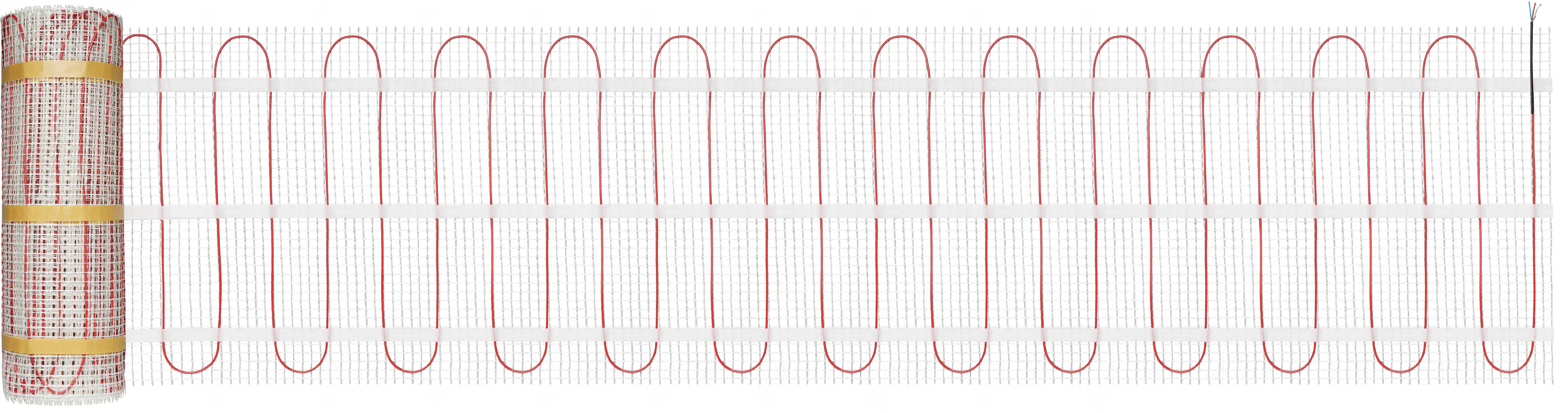 Rolle ausgebreiteter elektrischer Heizmatte mit rotem Heizdraht, eingewoben in ein weißes Netz, zur Bodenheizung verwendet.
