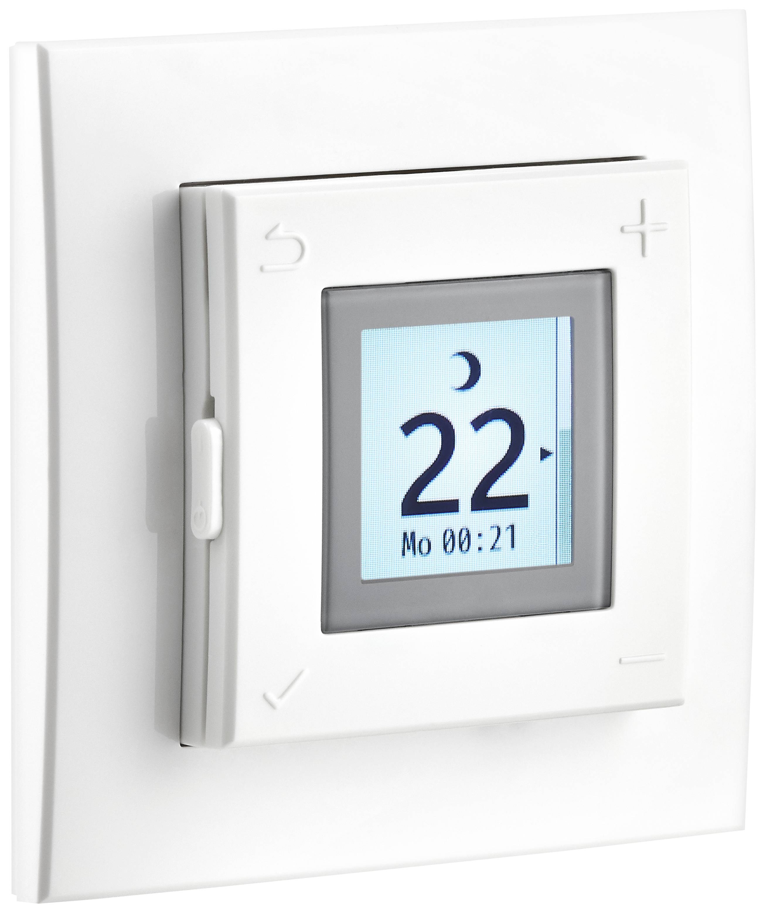 Digitaler Thermostat mit Display, zeigt 22 Grad Celsius an und aktuelle Uhrzeit 00:21. Zeigt Mond-Symbol für Nachtmodus.