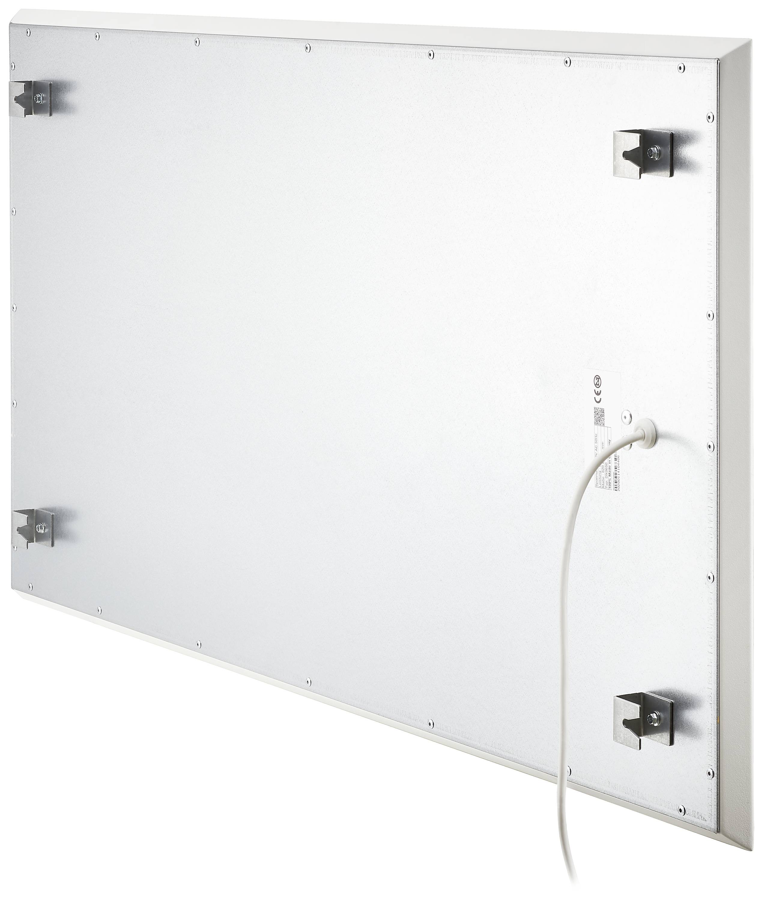 Rückseite eines weißen, rechteckigen Infrarot-Heizpanels mit vier Befestigungshalterungen in jeder Ecke und einem herausragenden Kabel.