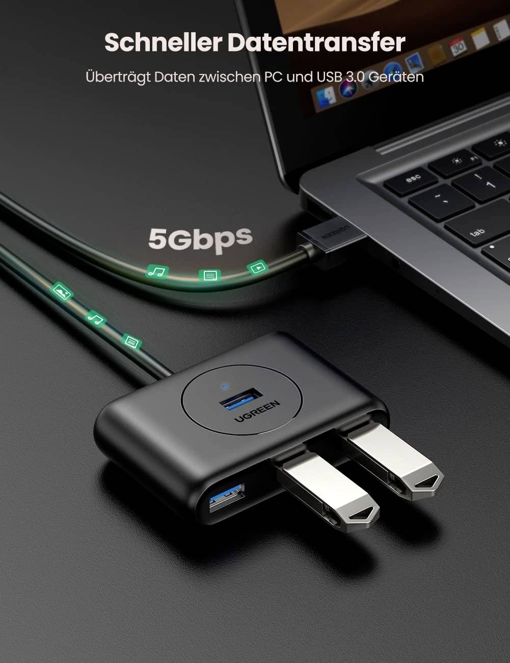 UGREEN 20291 USB-Hub 4 Port USB-A (USB 3.2 Gen 1) Schwarz 4-in-1 USB 3.0-Hub