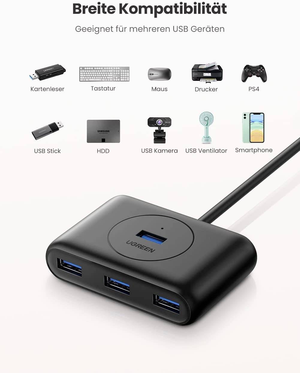 UGREEN 20291 USB-Hub 4 Port USB-A (USB 3.2 Gen 1) Schwarz 4-in-1 USB 3.0-Hub