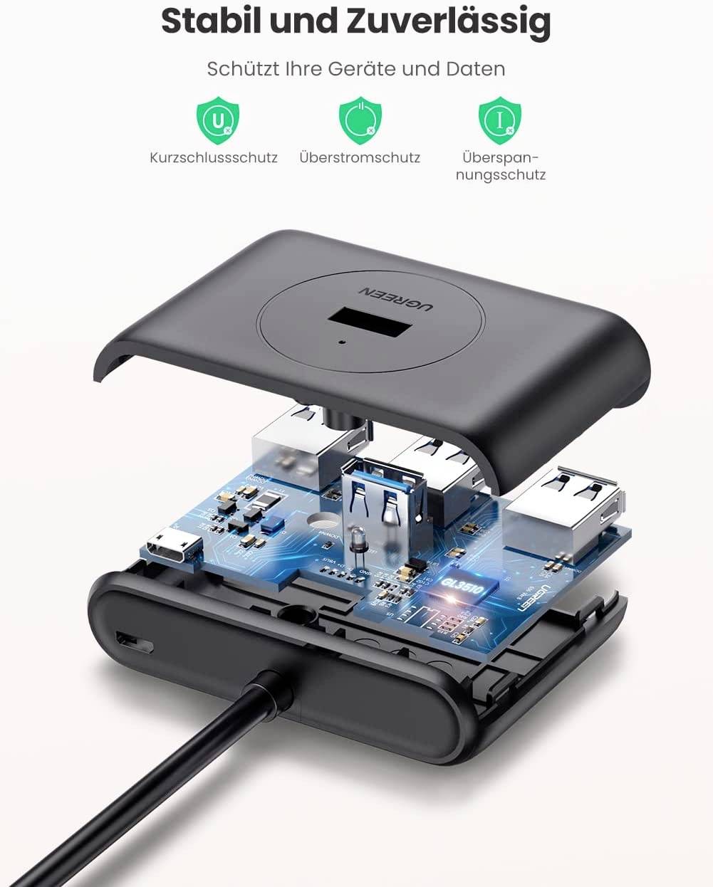 UGREEN 20291 USB-Hub 4 Port USB-A (USB 3.2 Gen 1) Schwarz 4-in-1 USB 3.0-Hub