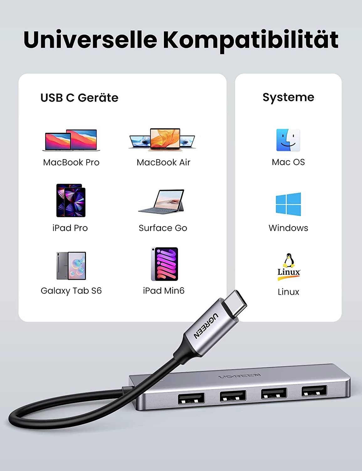 UGREEN USB-C-Hub 4 Port USB 3.2 Gen 1-Hub (USB 3.0) Silber