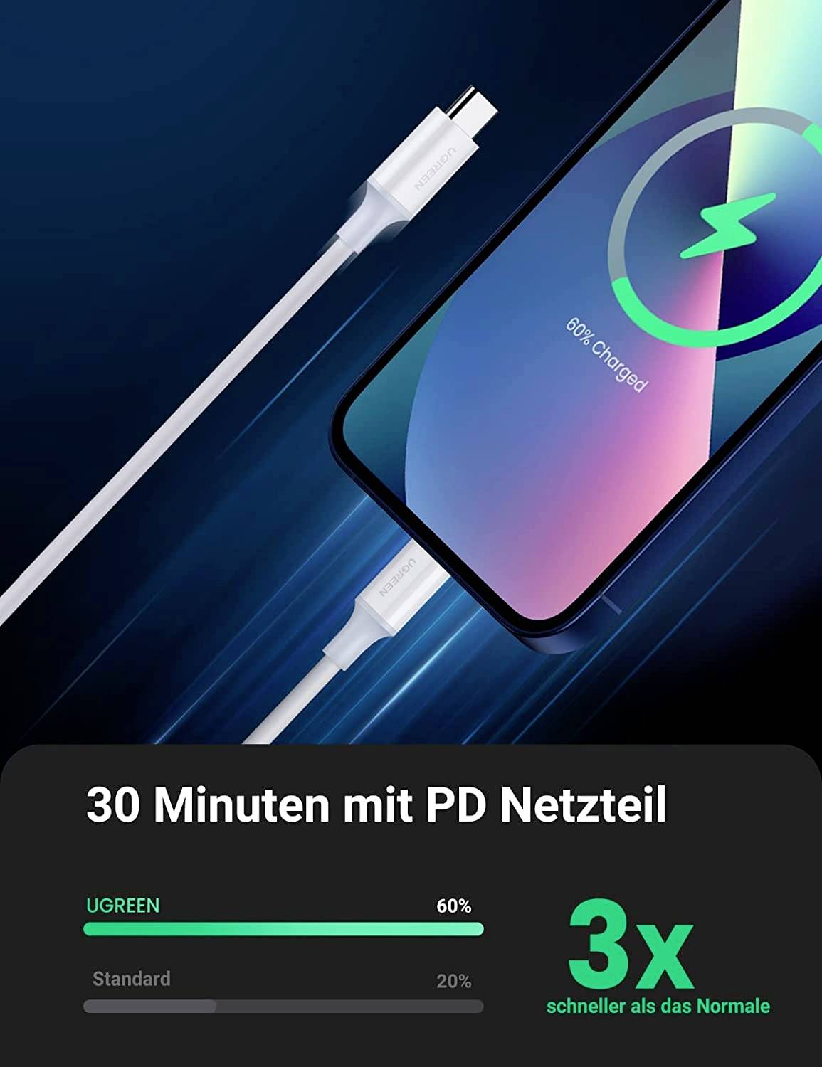 UGREEN USB-Ladekabel USB-C® Stecker, Apple Lightning Stecker 1.00 m Weiß 10493