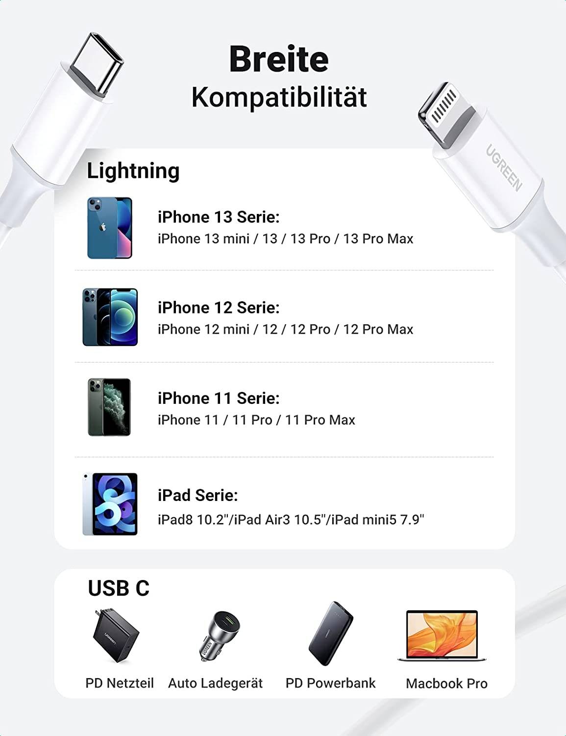 UGREEN USB-Ladekabel USB-C® Stecker, Apple Lightning Stecker 1.00 m Weiß 10493