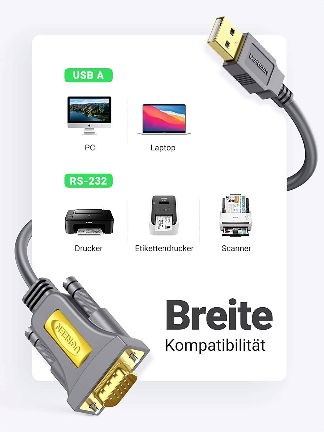 UGREEN USB-Kabel USB-A Stecker, VGA 9pol. Stecker 1.00 m Grau 20210