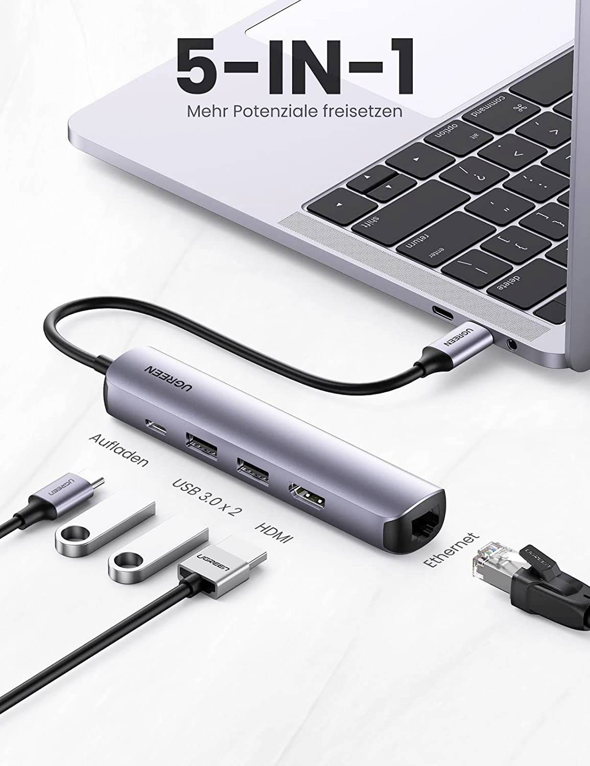 UGREEN 5-in-1-USB-C-Hub 5 Port USB-Kombi-Hub Schwarz, Aluminium